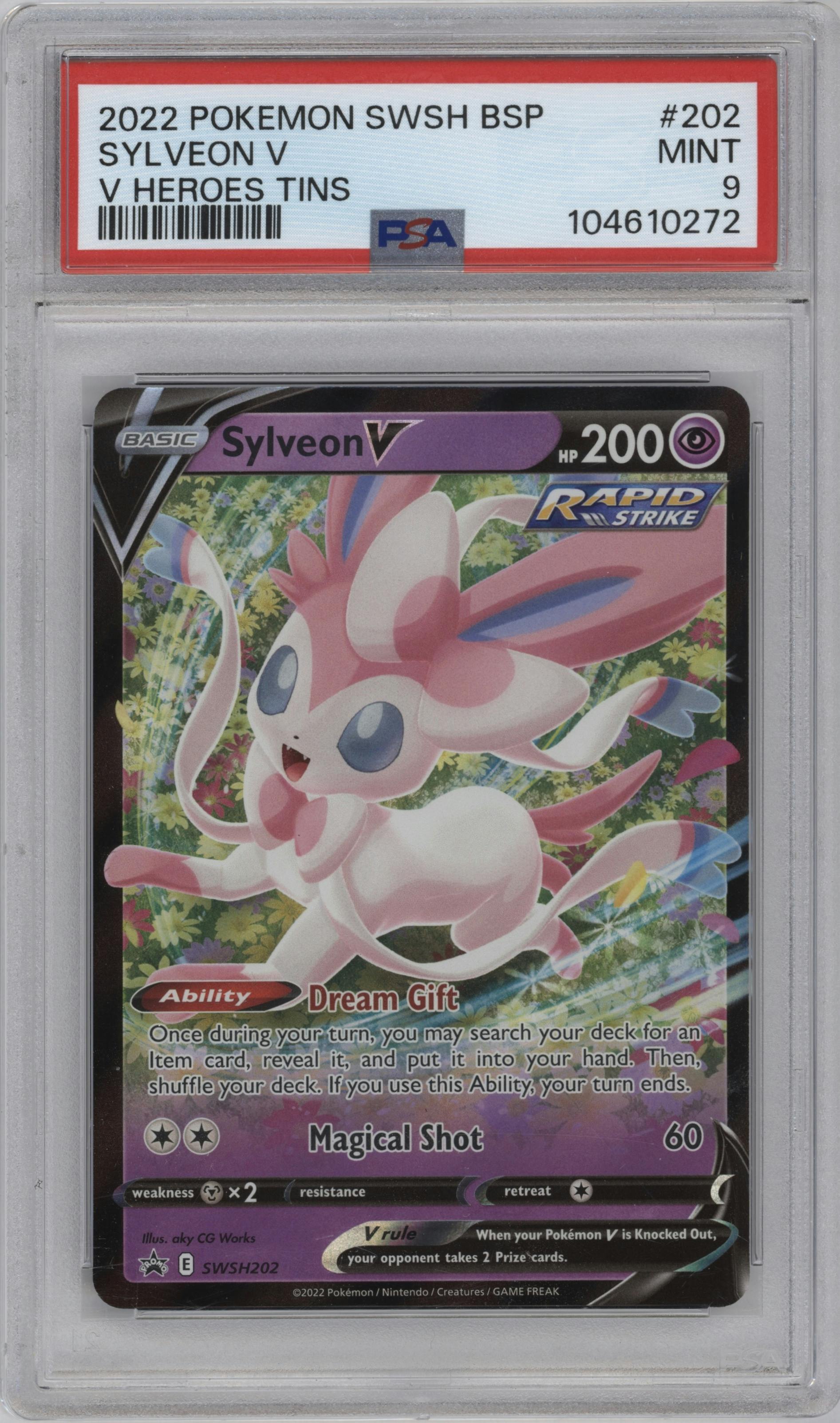 Sylveon V from the 2022 Pokemon SWSH set featuring a V Heroes Tins parallel graded by PSA and given an overall grade of 9.