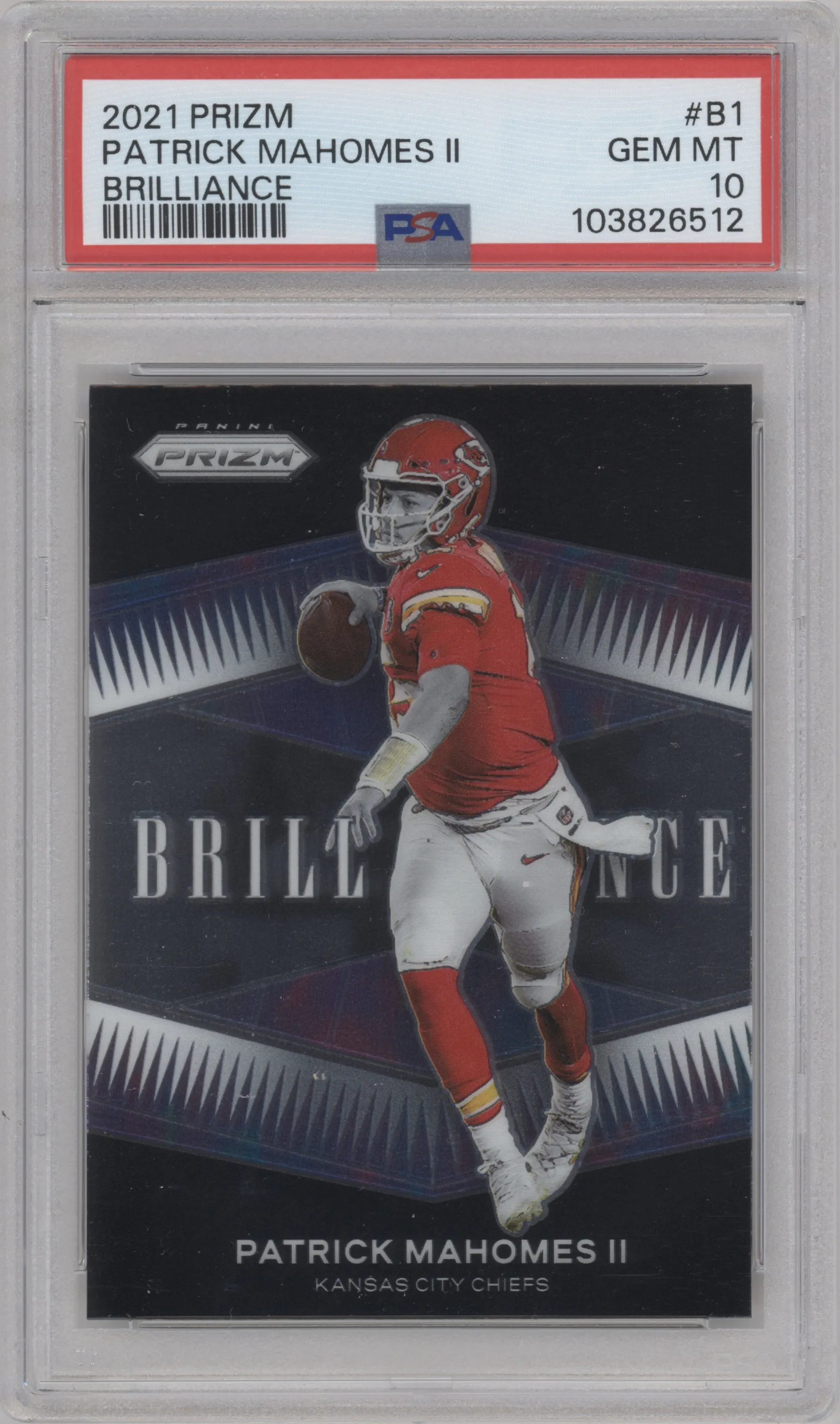 Patrick Mahomes II from the 2021 Panini Prizm set graded by PSA and given an overall grade of 10.
