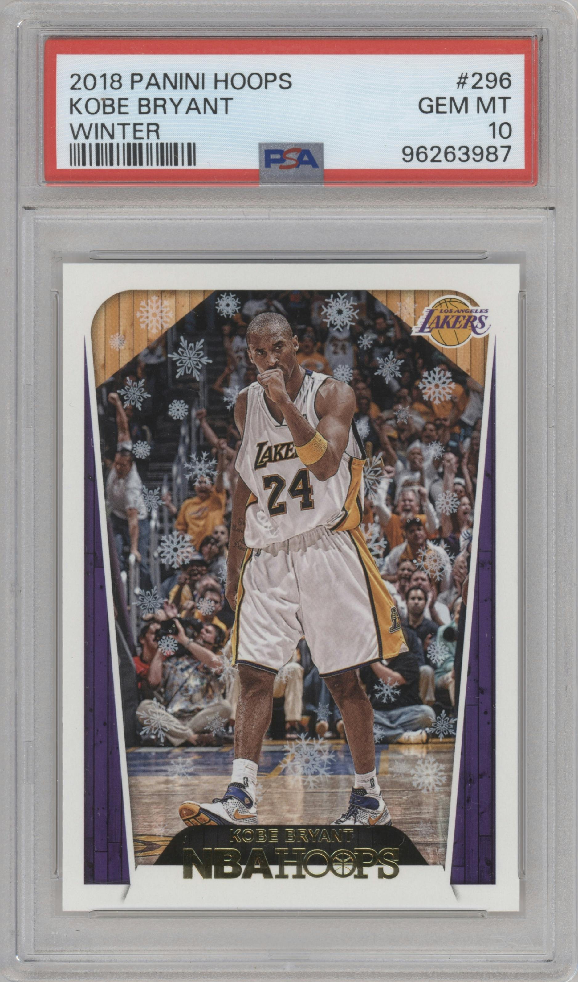 Kobe Bryant from the 2018-19 Panini NBA Hoops  set featuring a Winter parallel graded by PSA and given an overall grade of 10.