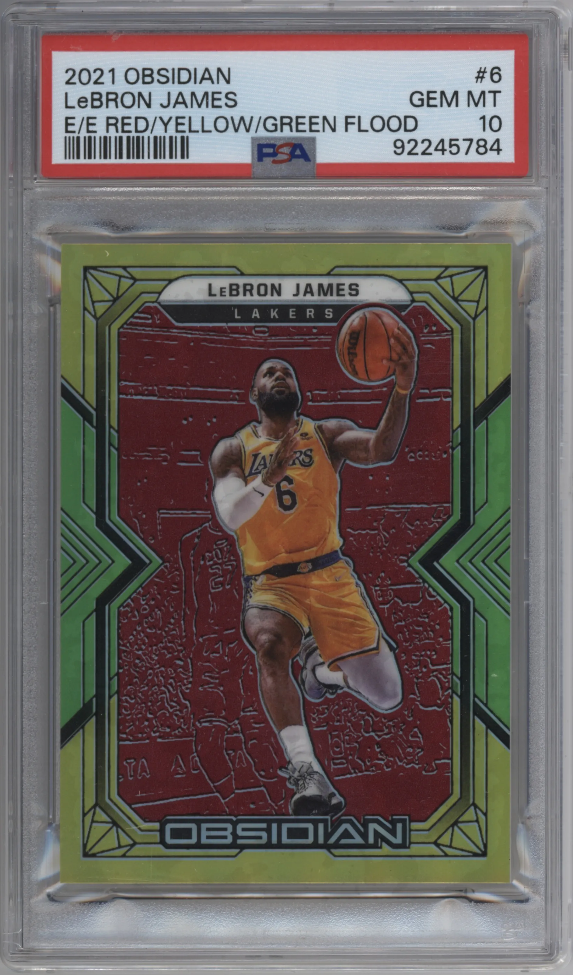 LeBron James from the 2021-22 Panini Obsidian set featuring a Electric Etch Red/Yellow/Green Flood parallel graded by PSA and given an overall grade of 10.