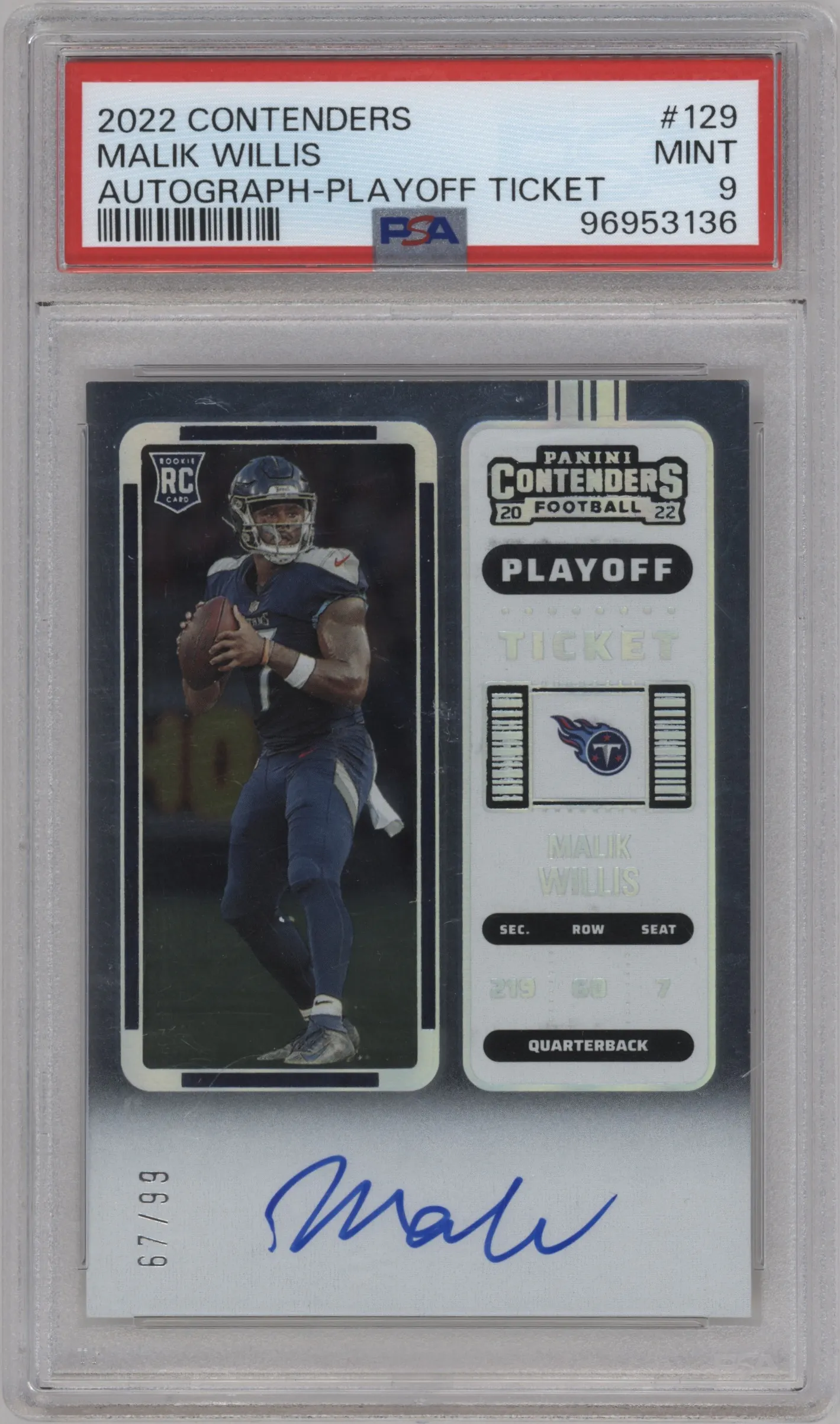 2022 Panini Contenders Rke.Tkt.RPS Malik Willis Playoff #129 PSA 9