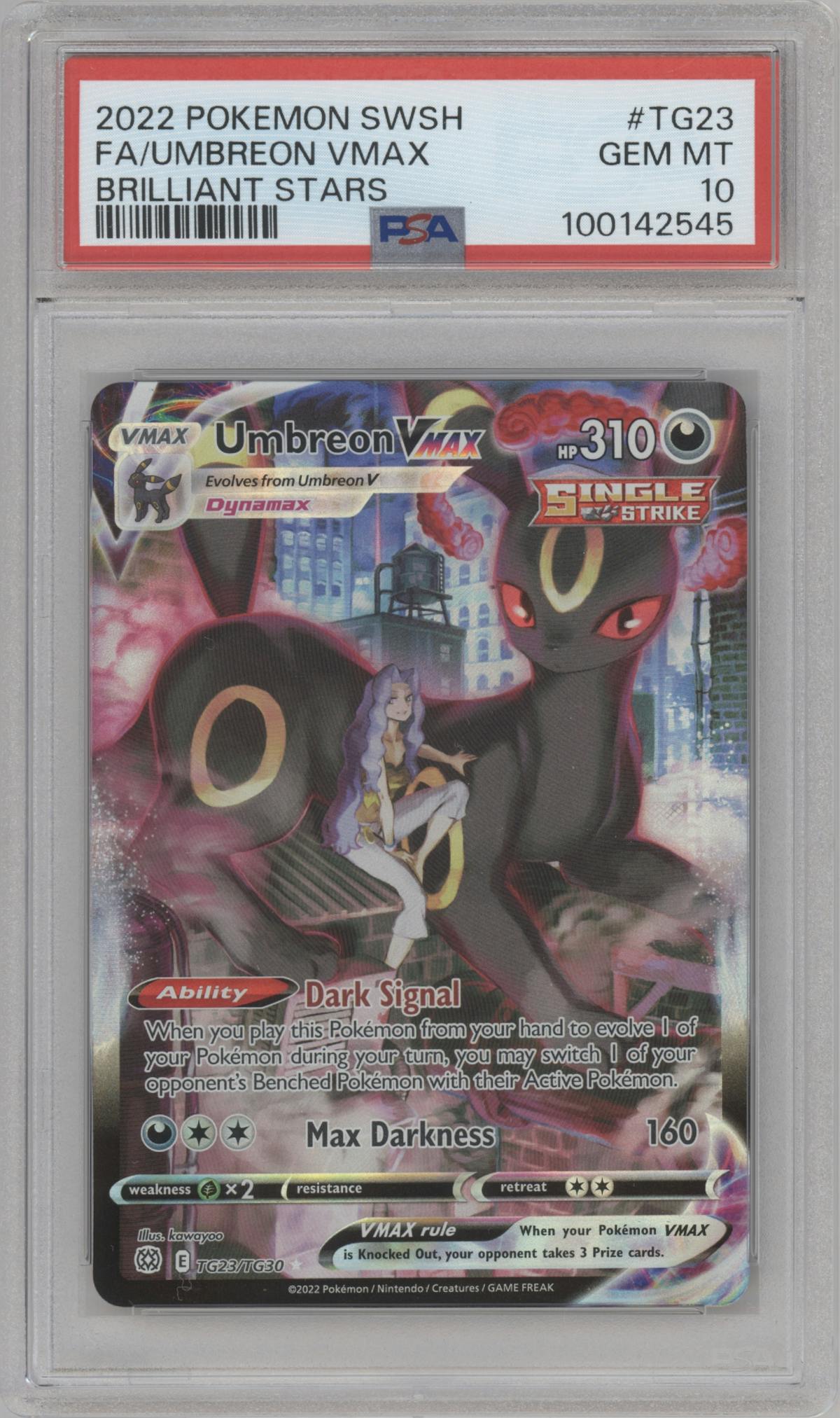Umbreon VMAX from the 2022 Pokemon SWSH set graded by PSA and given an overall grade of 10.