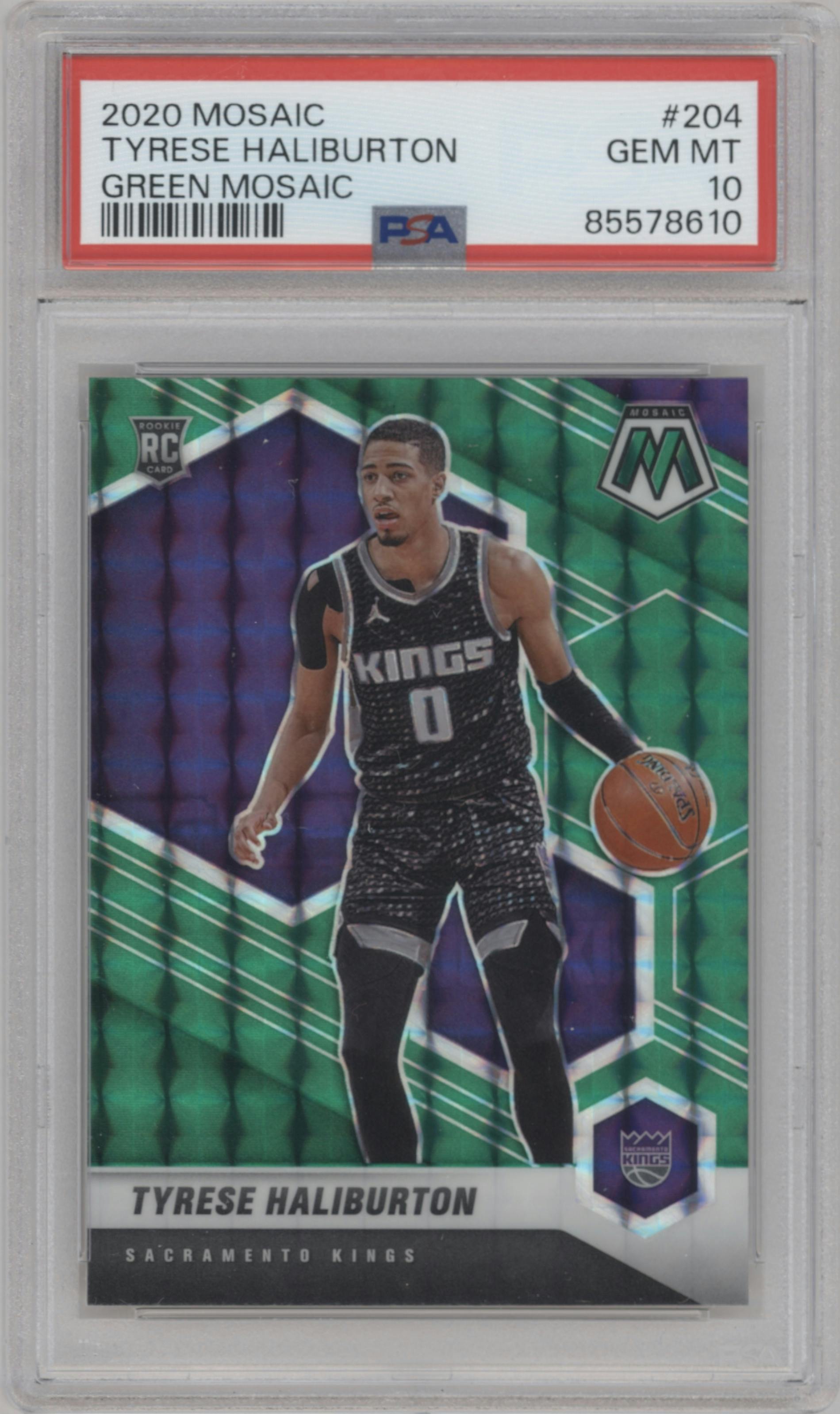 Tyrese Haliburton from the 2020-21 Panini Mosaic set featuring a Green Mosaic parallel graded by PSA and given an overall grade of 10.