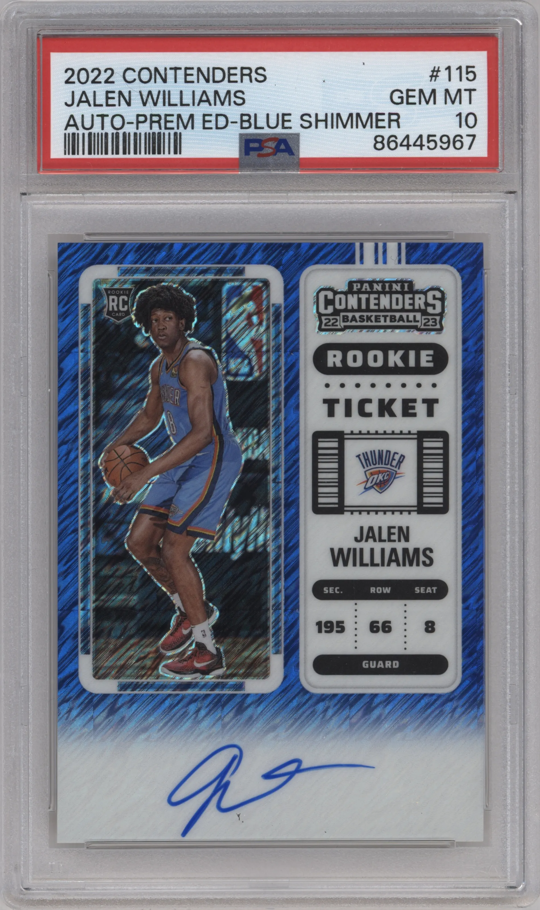2022 Panini Contenders Rke.Tkt.Auto Jalen Williams Blue Shimmer #115 PSA 10