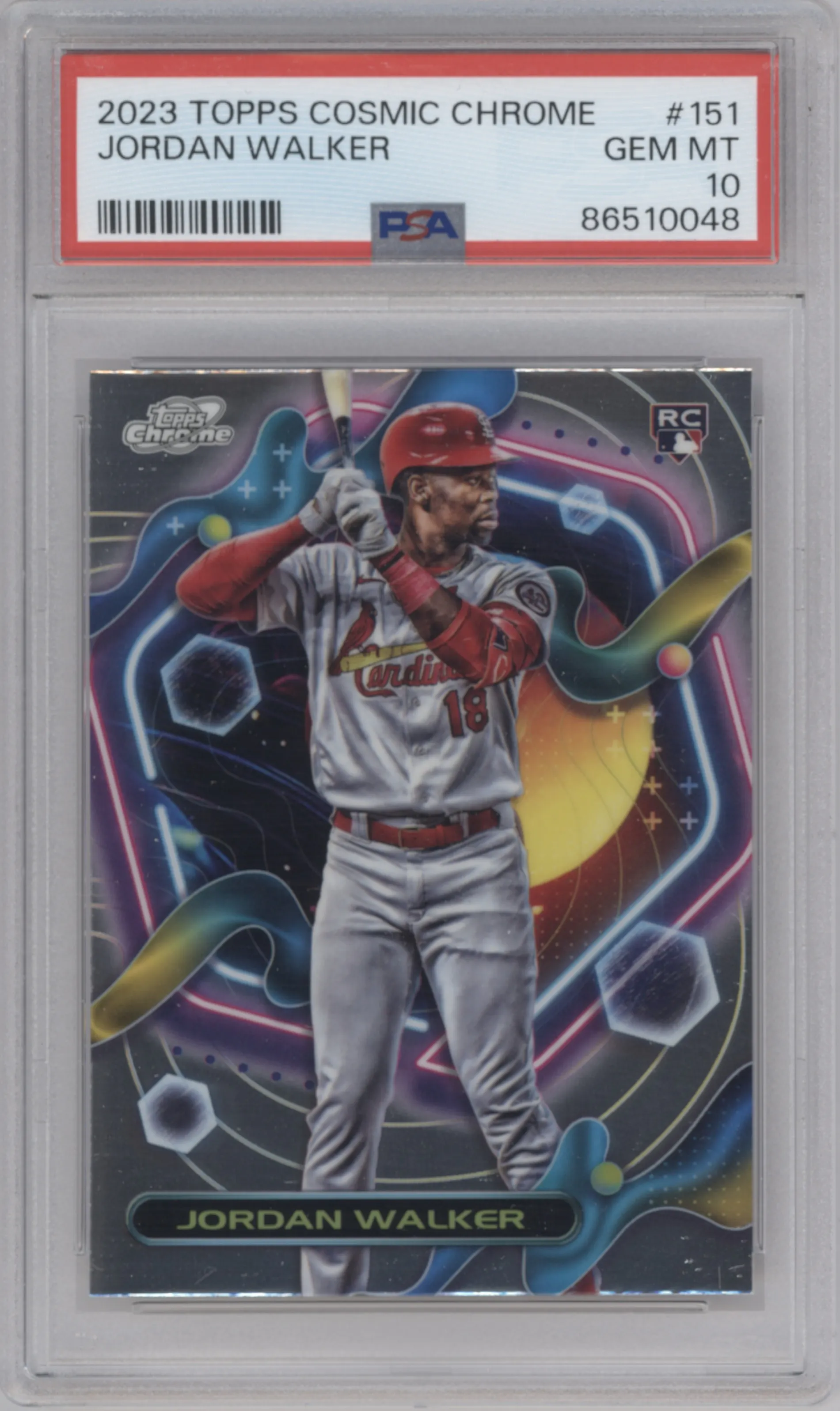Jordan Walker from the 2023 Topps Cosmic Chrome set graded by PSA and given an overall grade of 10.