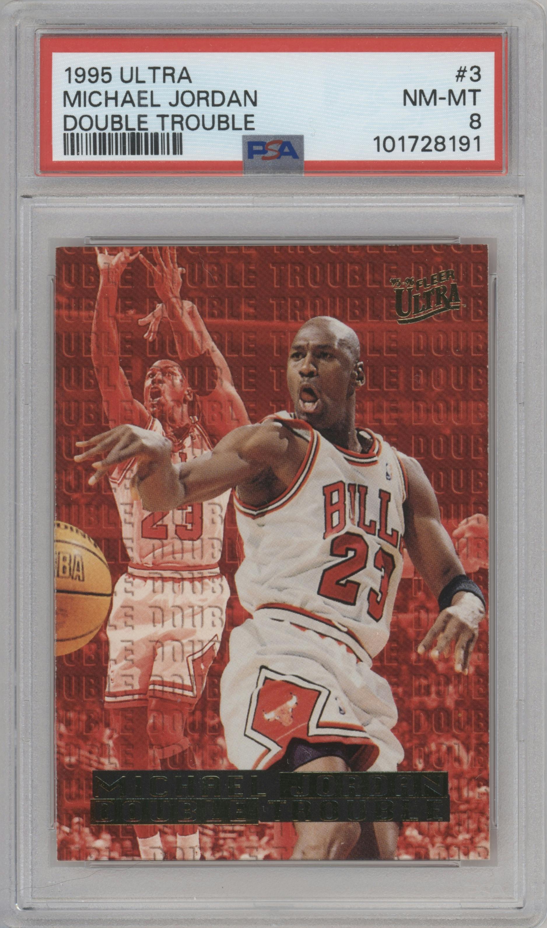 Michael Jordan from the 1995-96 Fleer Ultra set graded by PSA and given an overall grade of 8.