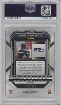 Kenneth Walker III from the 2022 Panini Prizm set featuring a Purple Ice parallel graded by PSA and given an overall grade of 10.
