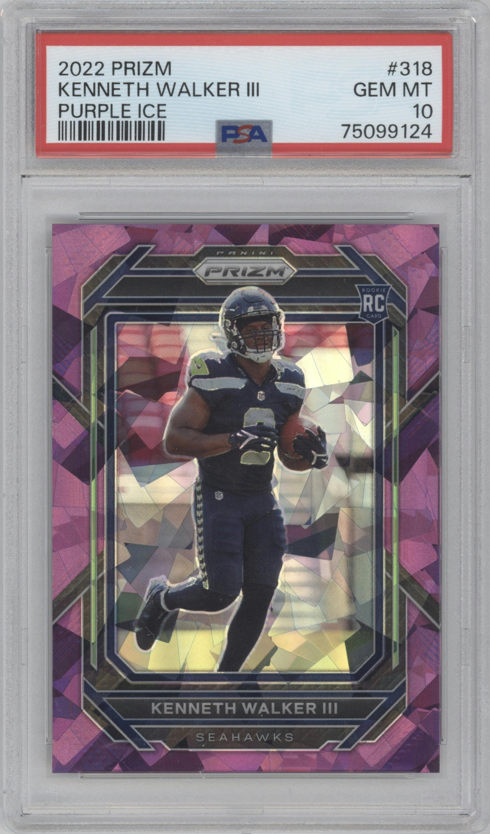 Kenneth Walker III from the 2022 Panini Prizm set featuring a Purple Ice parallel graded by PSA and given an overall grade of 10.