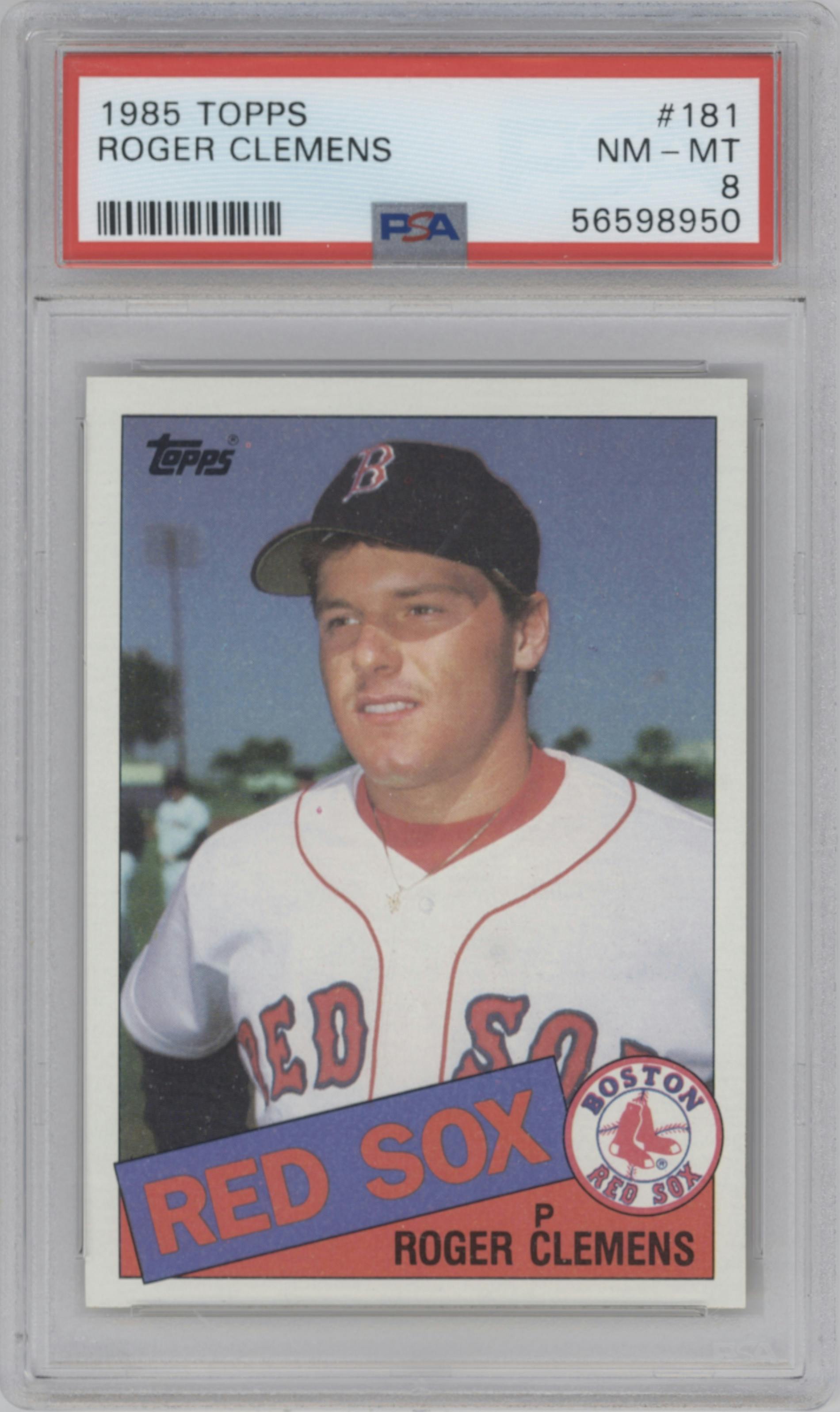 Roger Clemens from the 1985 Topps set graded by PSA and given an overall grade of 8.