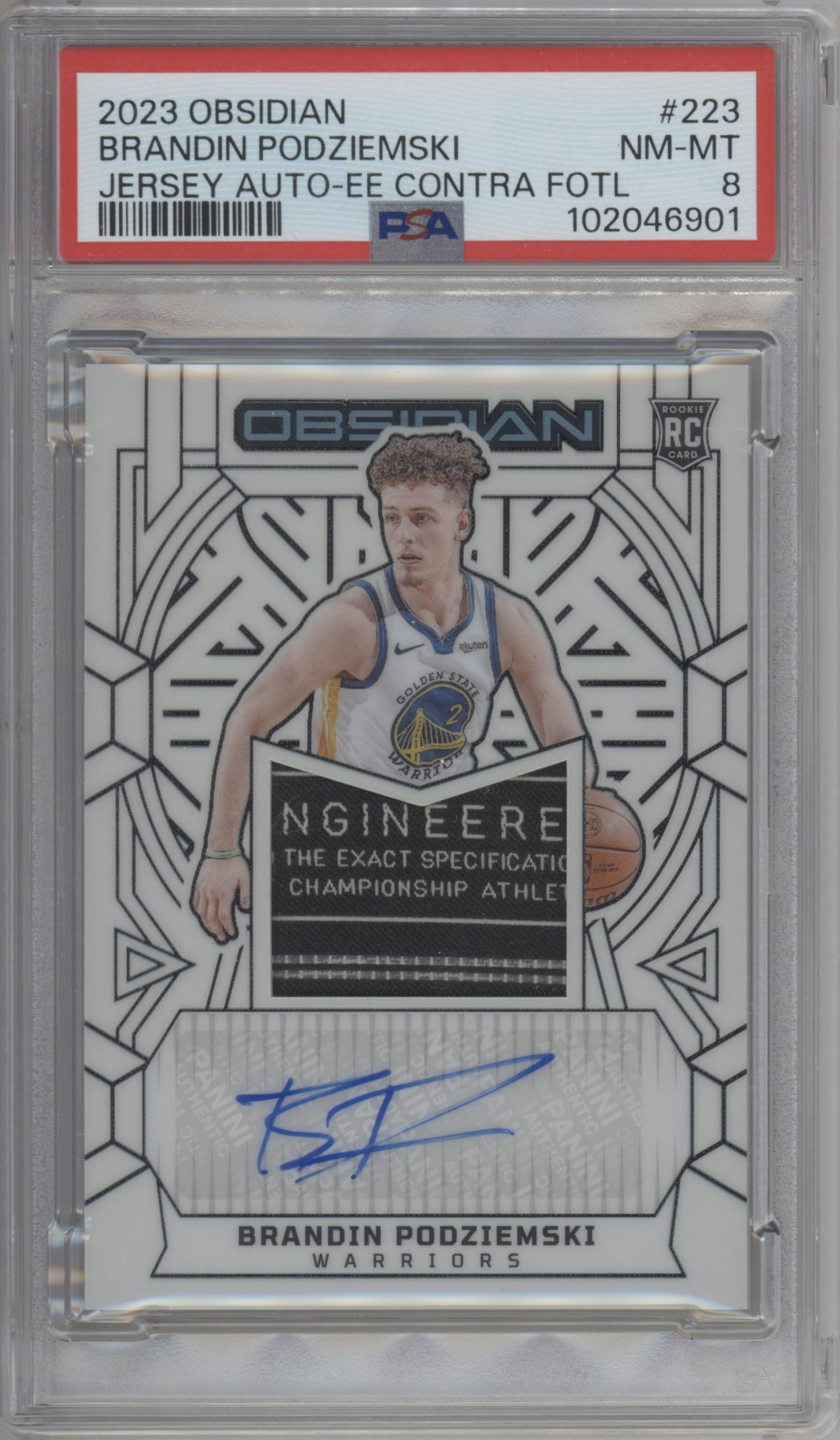 Brandin Podziemski from the 2023-24 Panini Obsidian set featuring a Contra Electric Etch FOTL parallel graded by PSA and given an overall grade of 8.