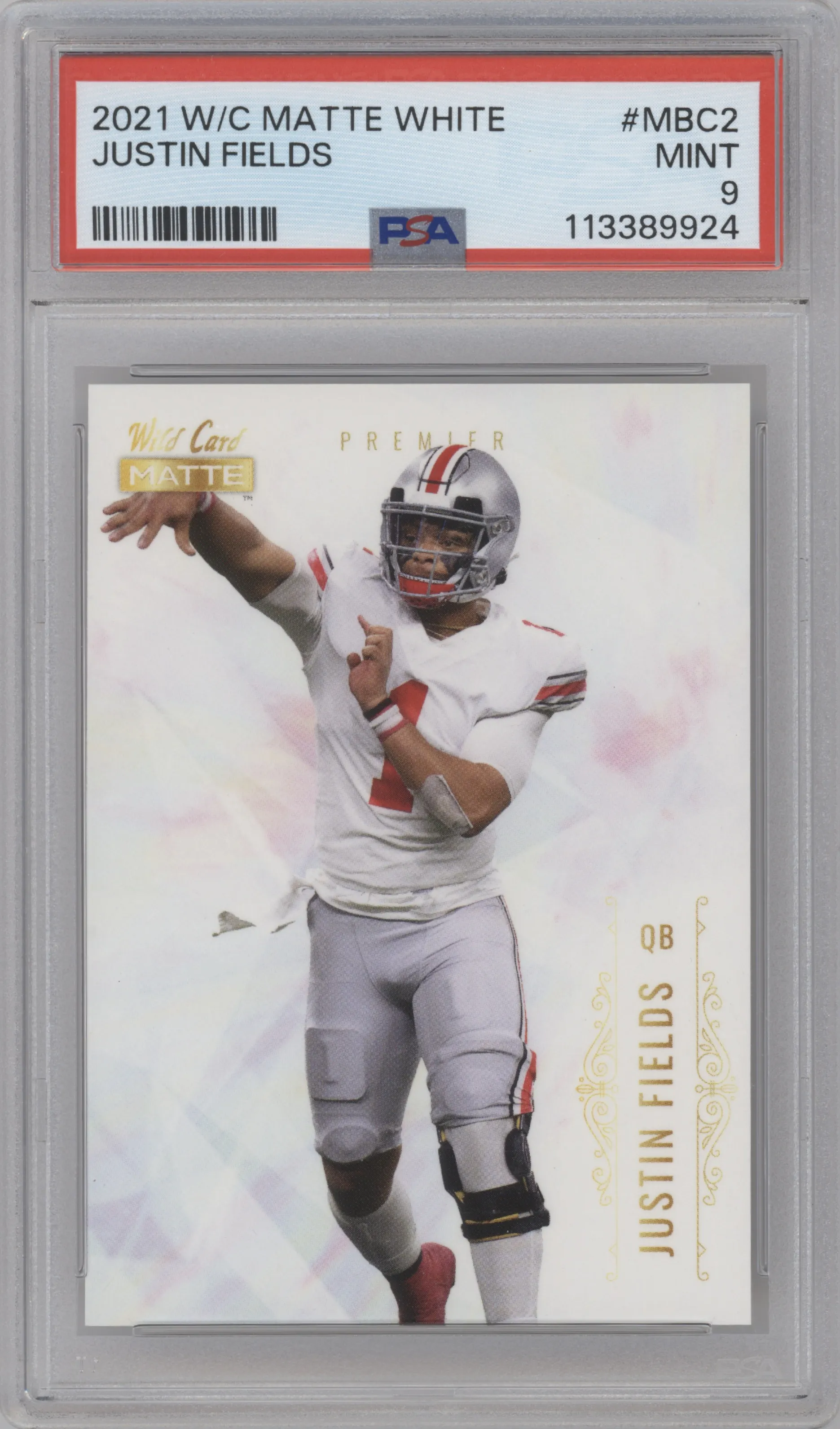 Justin Fields from the 2021 Wild Card Matte White set graded by PSA and given an overall grade of 9.