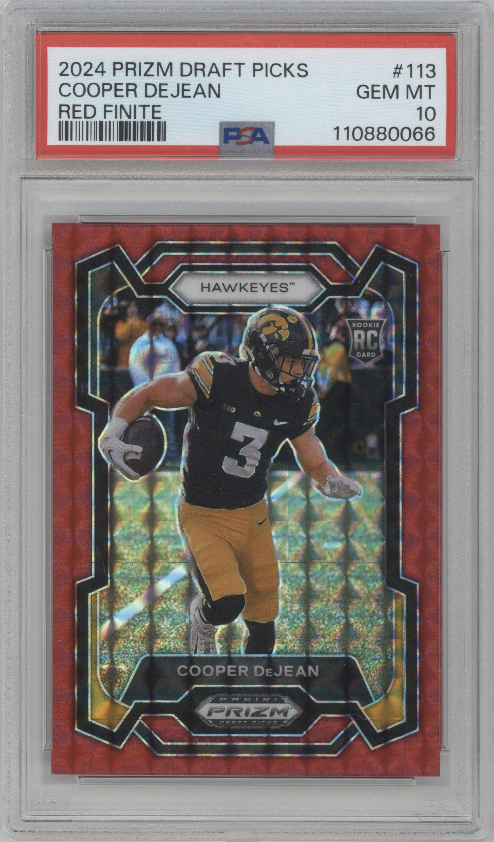 Cooper DeJean  from the 2024 Panini Prizm Draft Picks set featuring a Red Finite parallel graded by PSA and given an overall grade of 10.