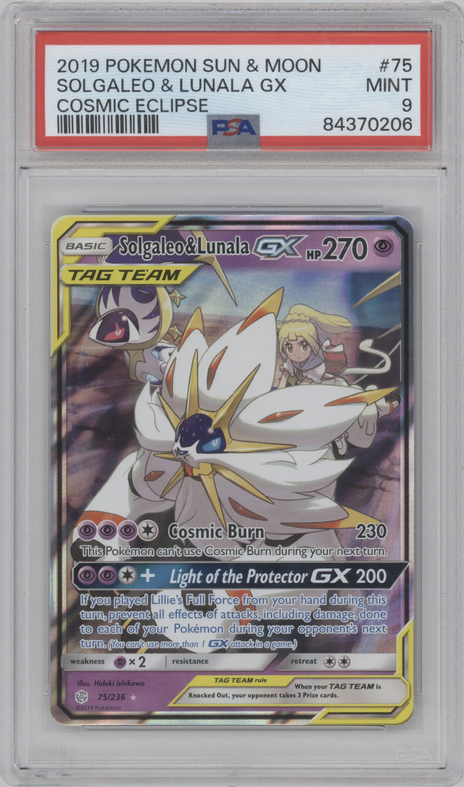 Solgaleo & Lunala GX from the 2019 Pokemon S&M  set graded by PSA and given an overall grade of 9.