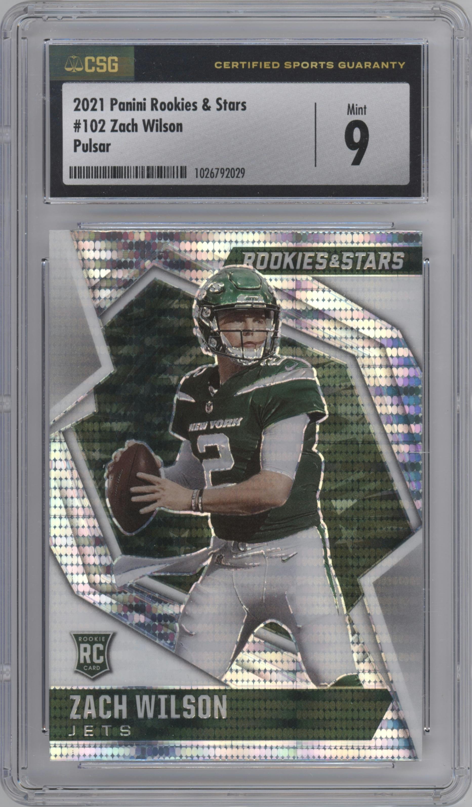 Zach Wilson from the 2021 Panini Rookies & Stars set featuring a Pulsar  parallel graded by CSG and given an overall grade of 9.