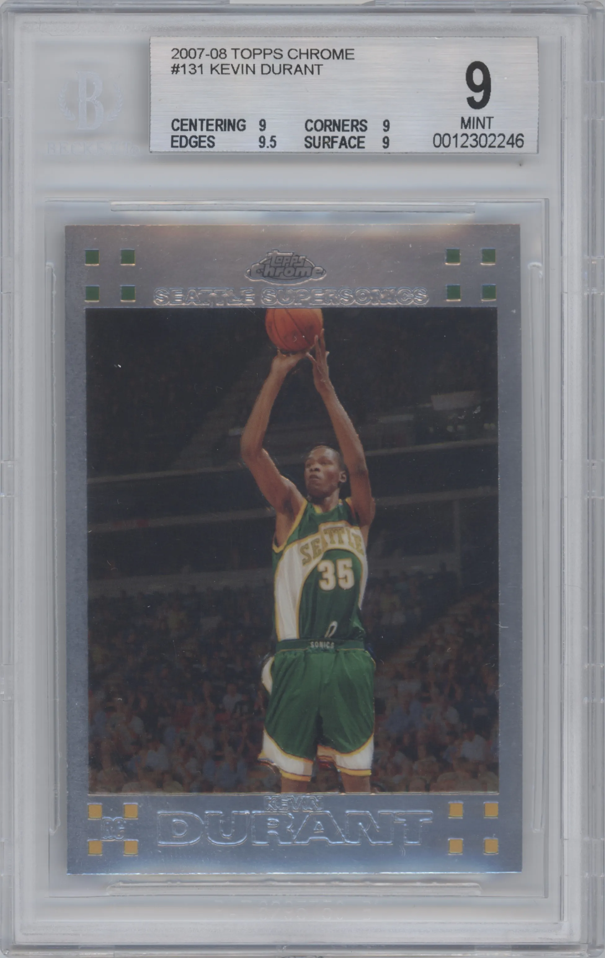 Kevin Durant from the 2007-08 Topps Chrome set graded by Beckett and given an overall grade of 9.
