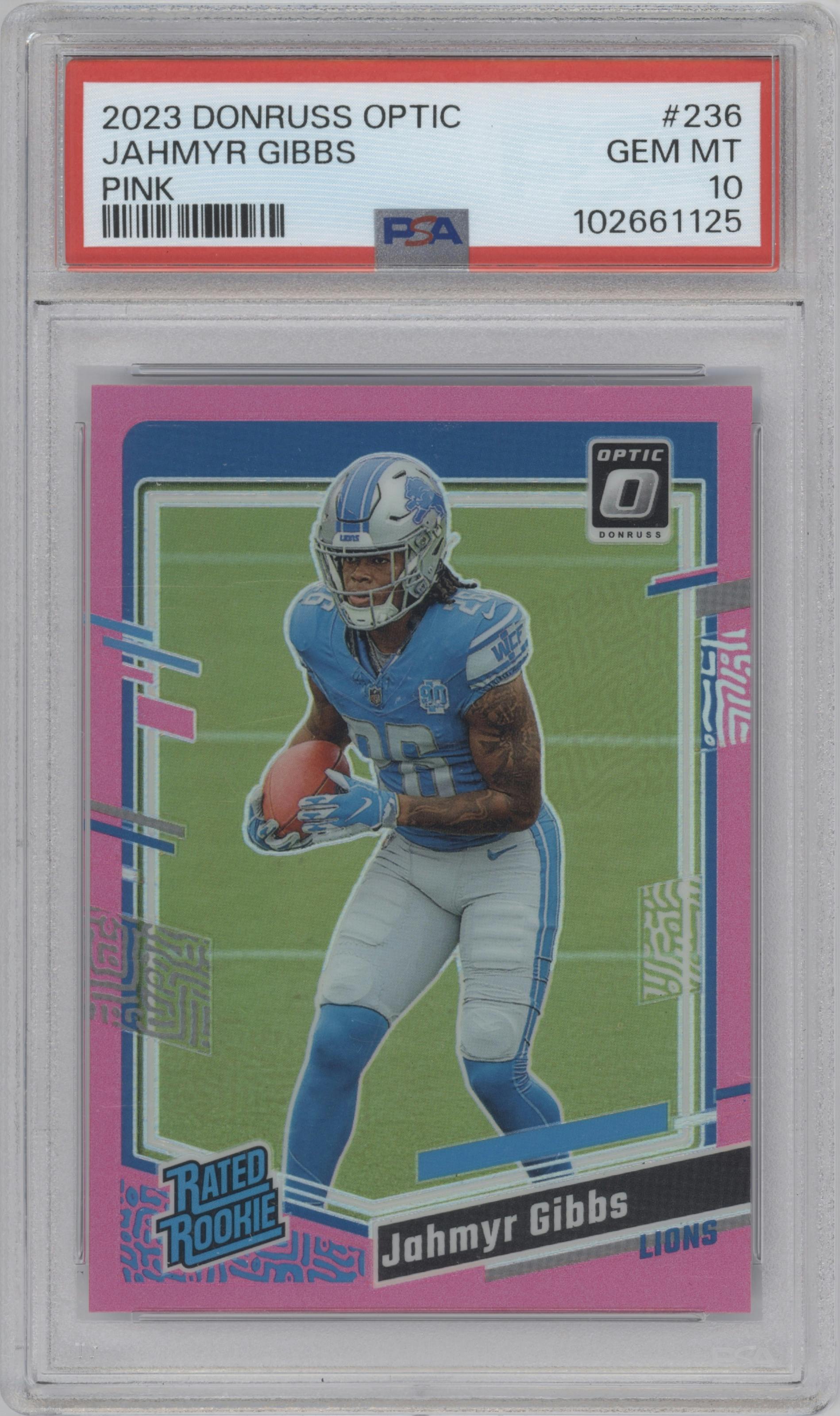 Jahmyr Gibbs from the 2023 Donruss Optic set featuring a Pink parallel graded by PSA and given an overall grade of 10.