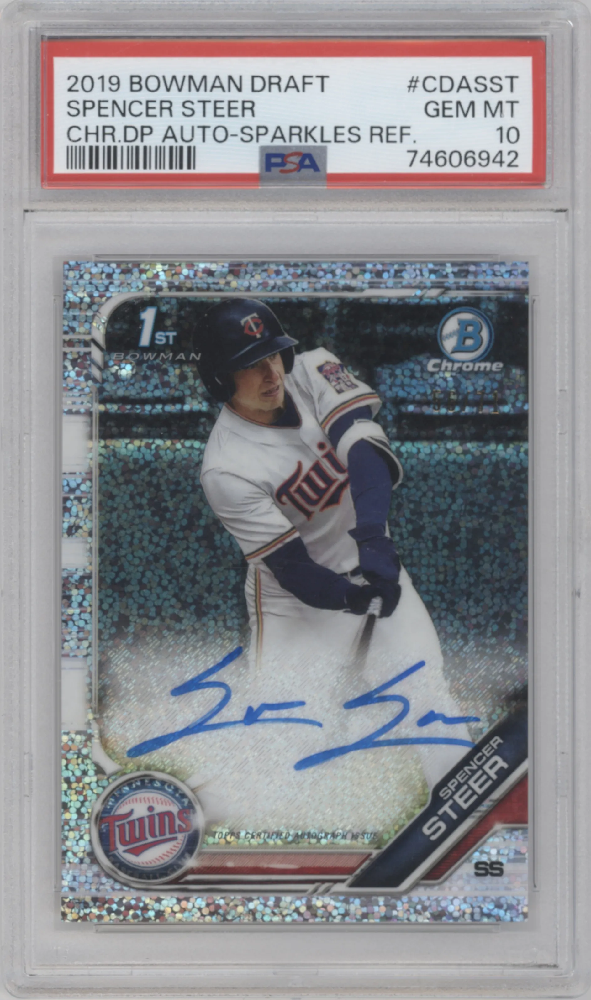 Spencer Steer from the 2019 Bowman Draft set featuring a Sparkles Refractor parallel graded by PSA and given an overall grade of 10.