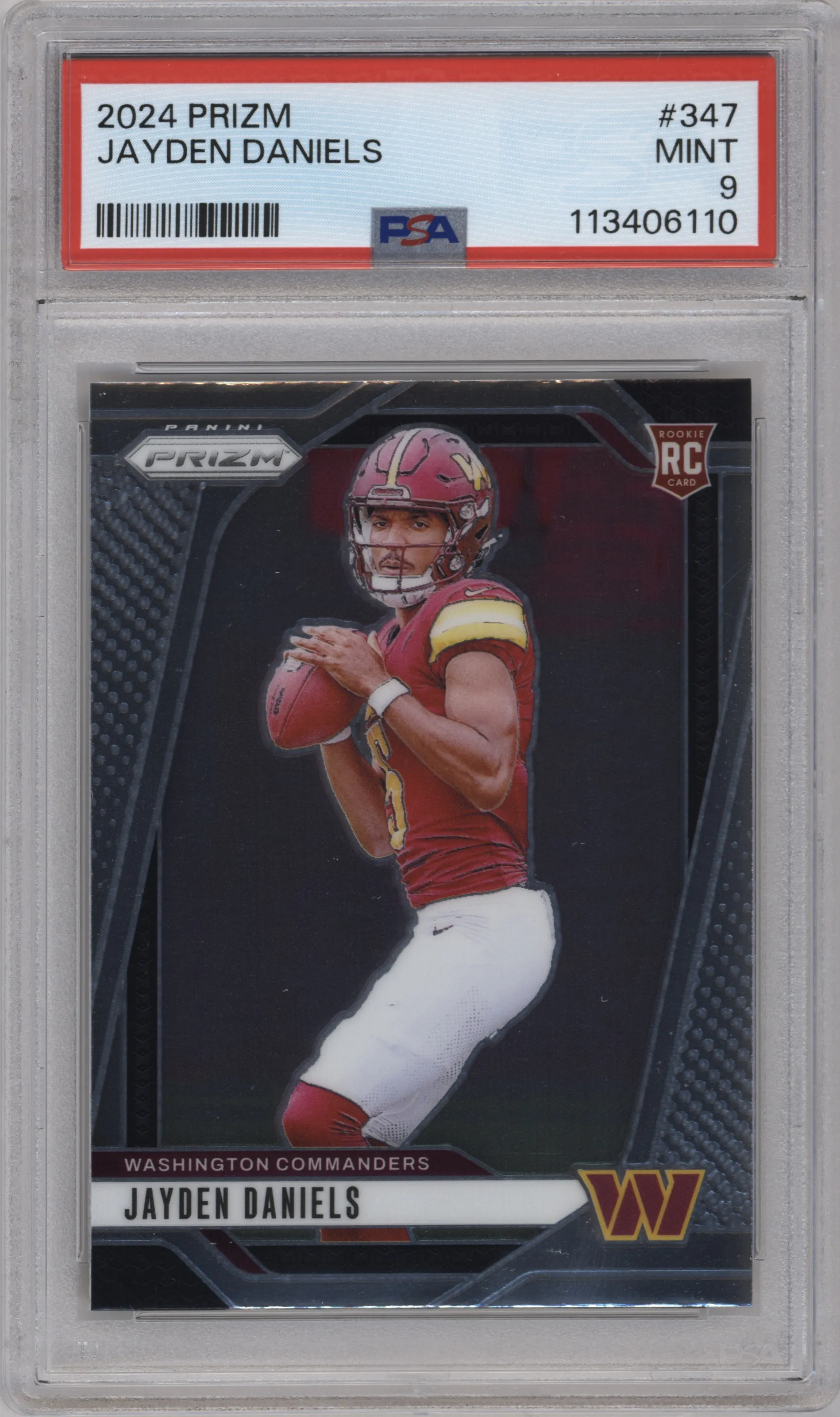 Jayden Daniels from the 2024 Panini Prizm set graded by PSA and given an overall grade of 9.