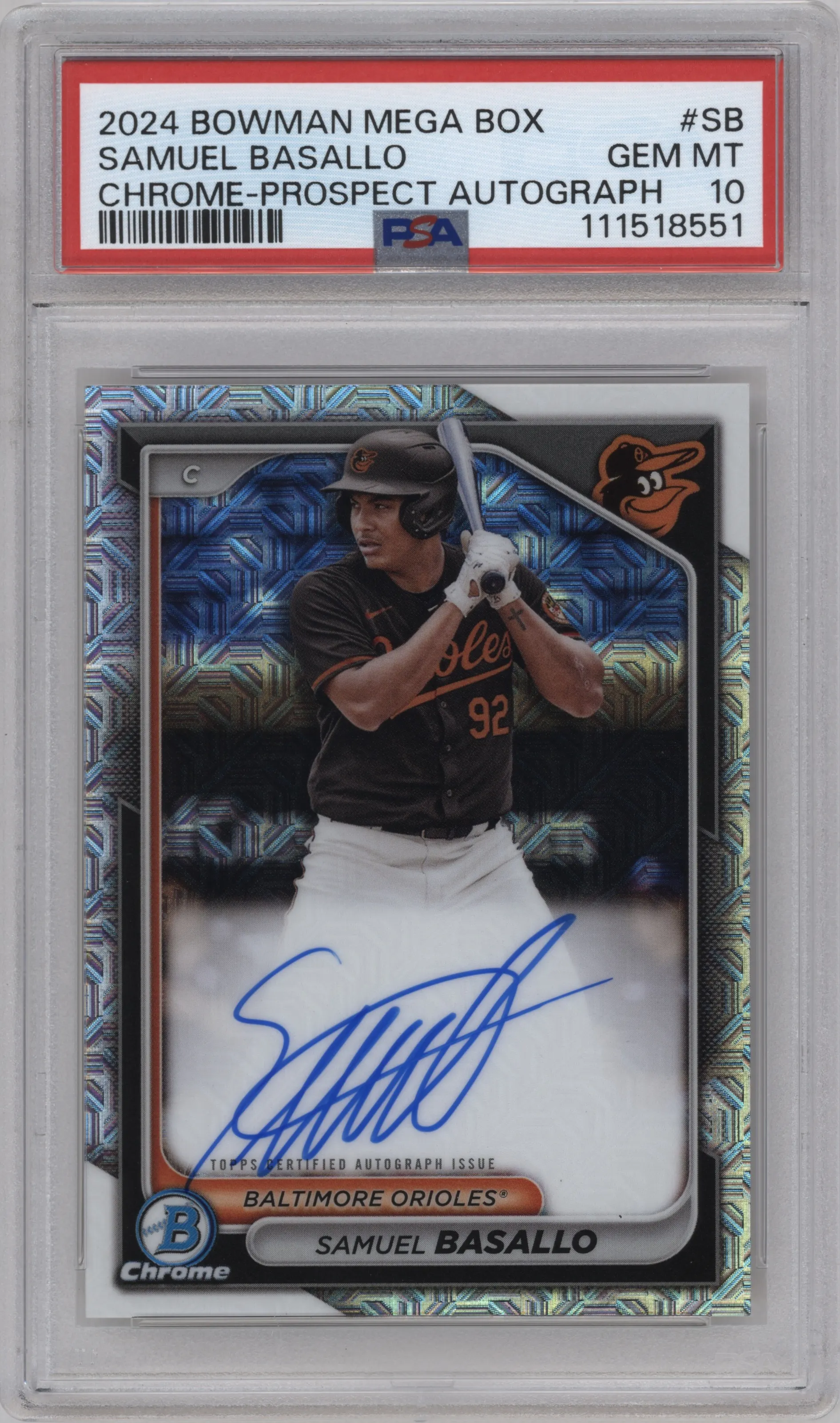 Samuel Basallo from the 2024 Bowman Mega Box set graded by PSA and given an overall grade of 10.