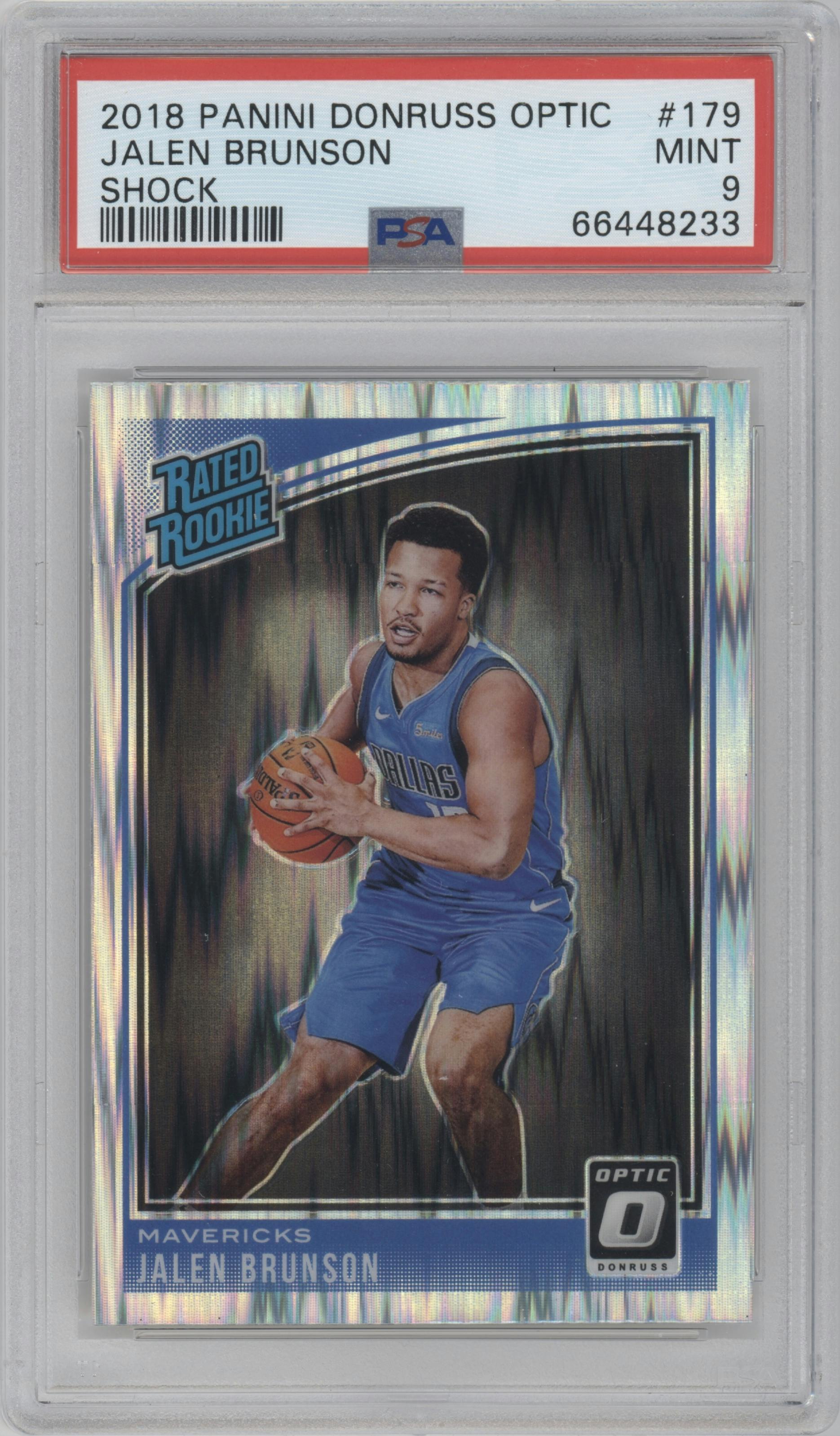 Jalen Brunson from the 2018-19 Panini Donruss Optic set featuring a Shock parallel graded by PSA and given an overall grade of 9.