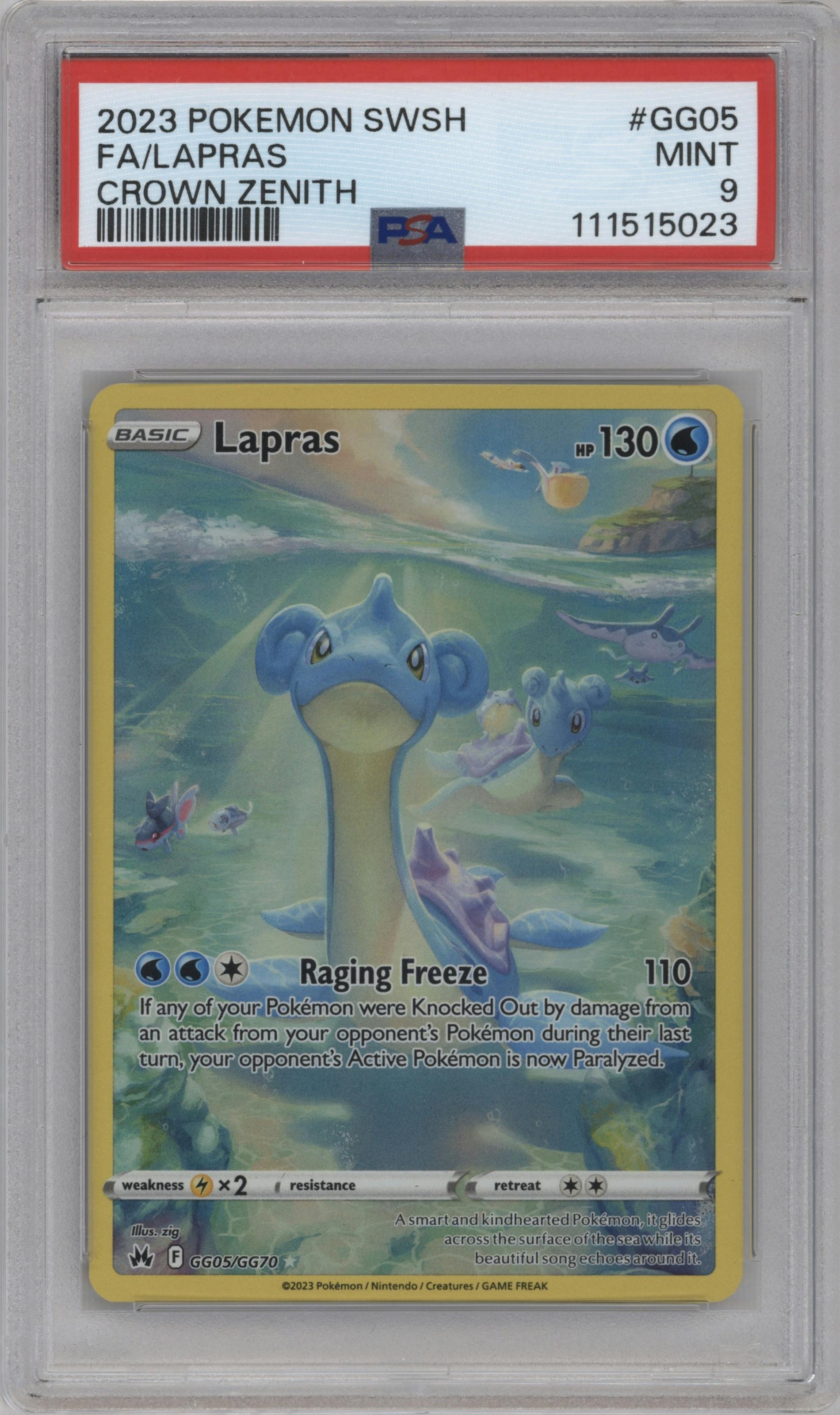 Lapras from the 2023 Pokemon SWSH set graded by PSA and given an overall grade of 9.