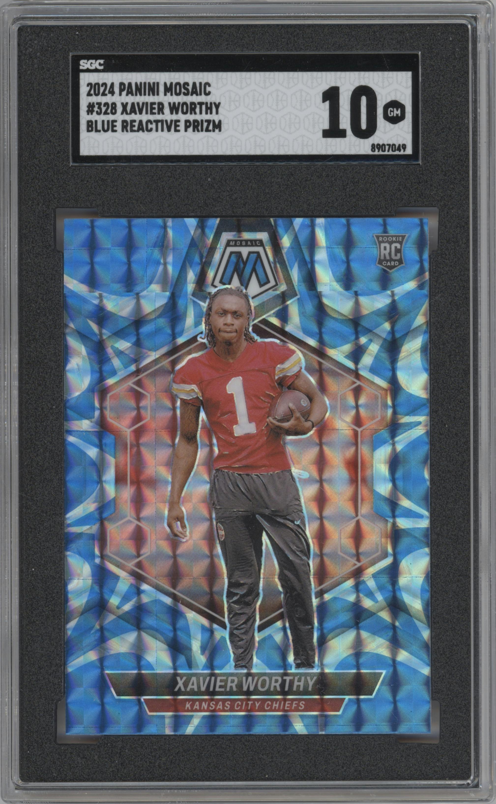 Xavier Worthy from the 2024 Panini Mosaic set featuring a Reactive Blue parallel graded by SGC and given an overall grade of 10.