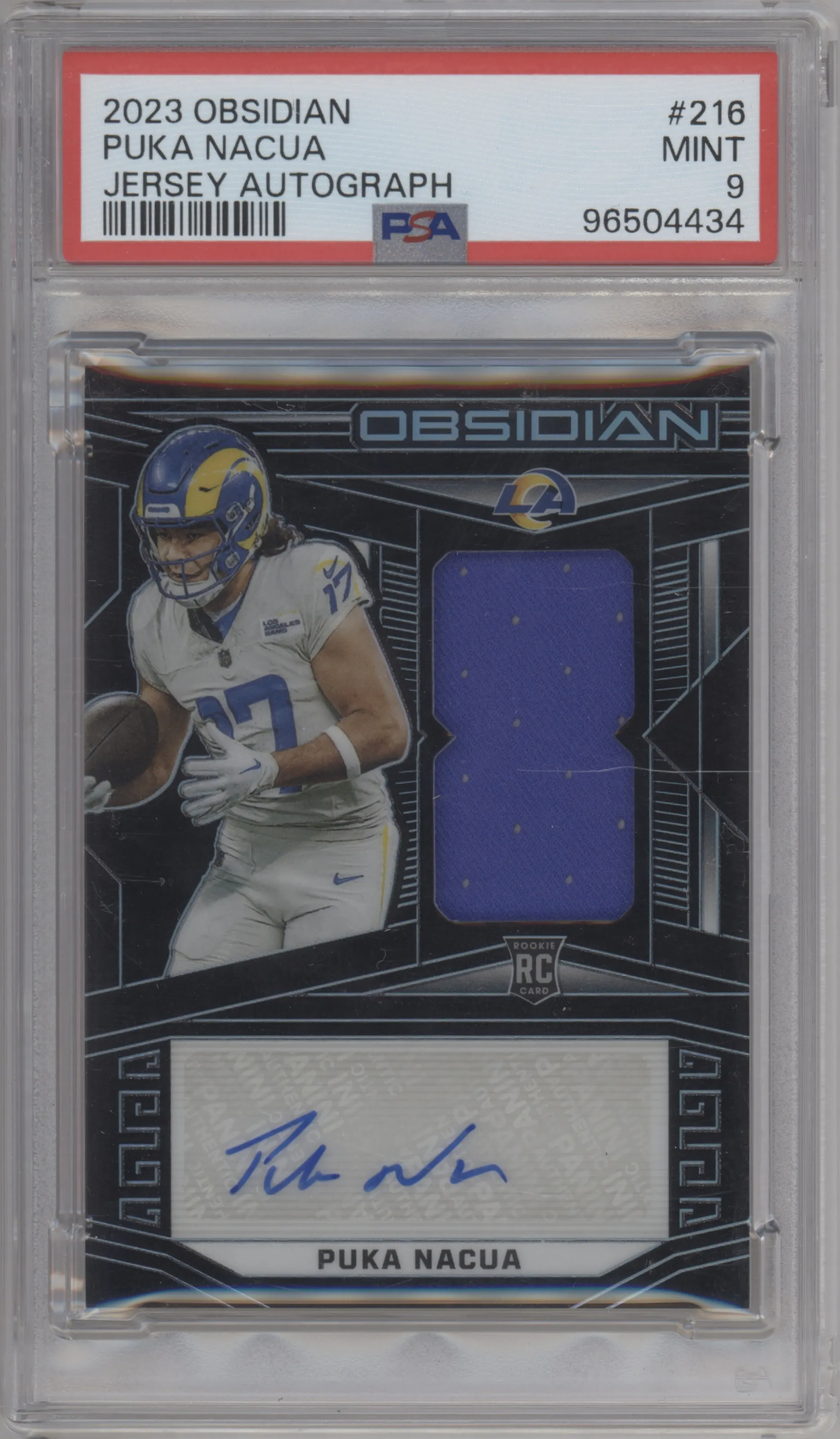 Puka Nacua from the 2023 Panini Obsidian set graded by PSA and given an overall grade of 9.