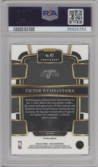 Victor Wembanyama from the 2023-24 Panini Select  set featuring a Blue Prizm parallel graded by PSA and given an overall grade of 10.