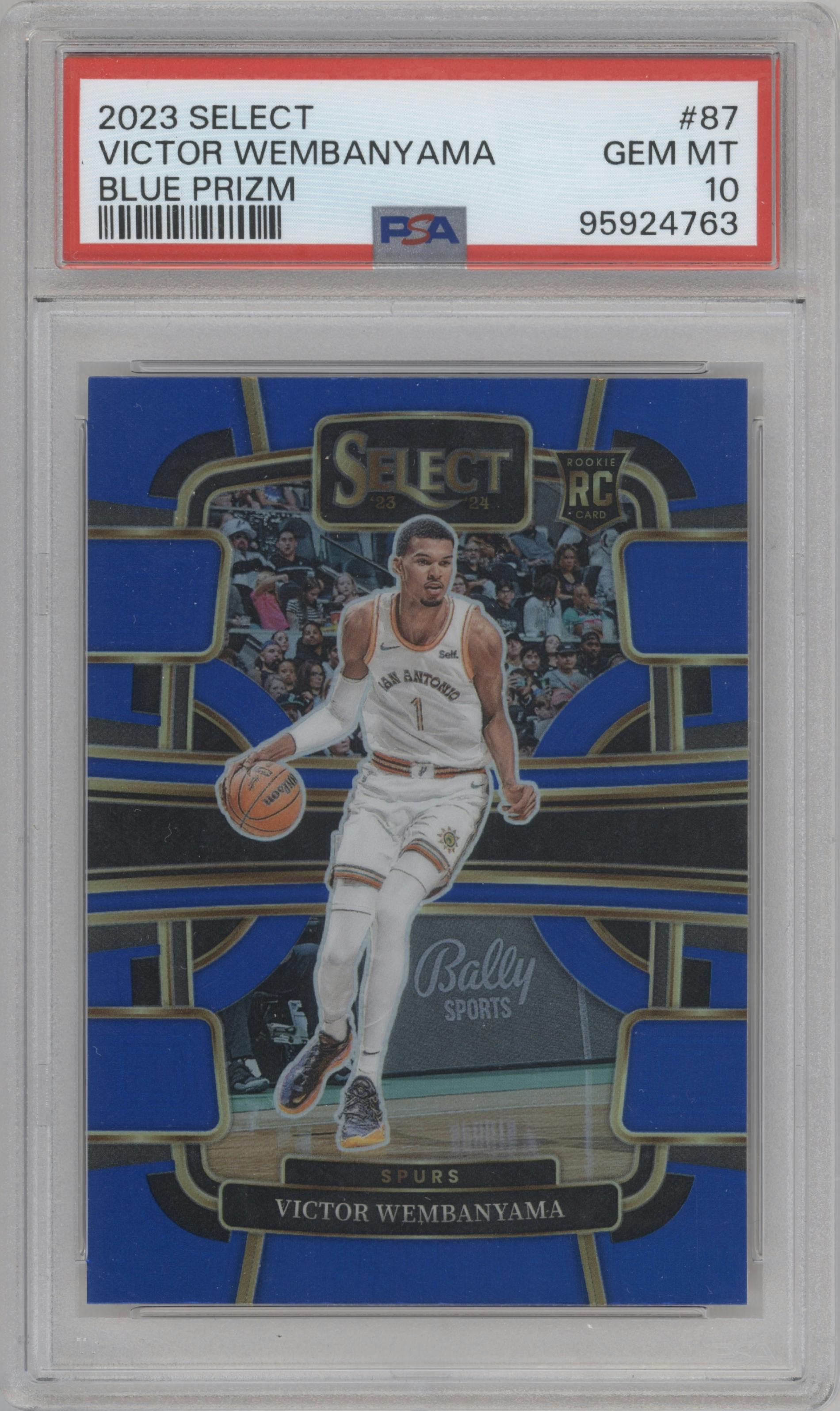 Victor Wembanyama from the 2023-24 Panini Select  set featuring a Blue Prizm parallel graded by PSA and given an overall grade of 10.