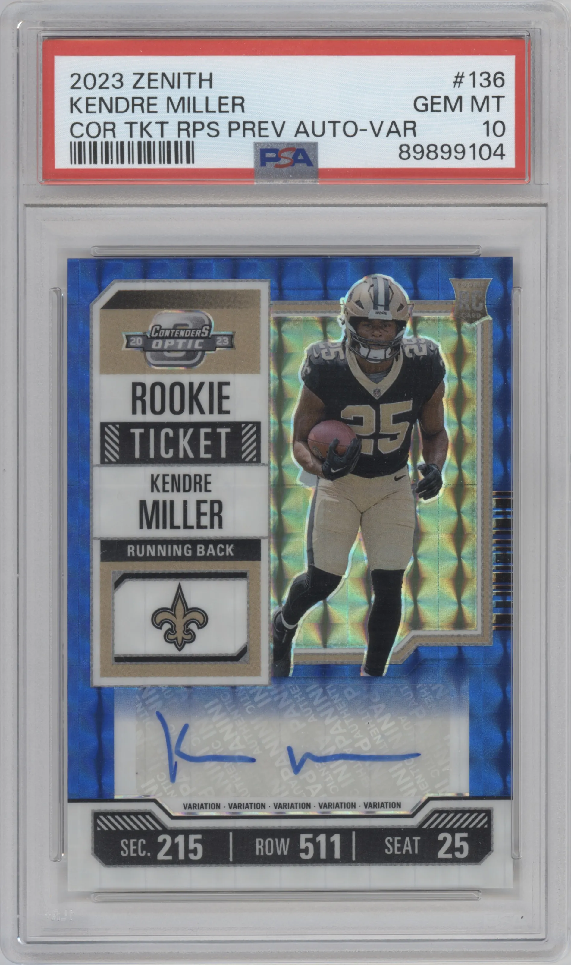 2023 Panini Zenith Cont.Opt.Rke.Tkt.Var.Prev. Kendre Miller Blue PSA 10