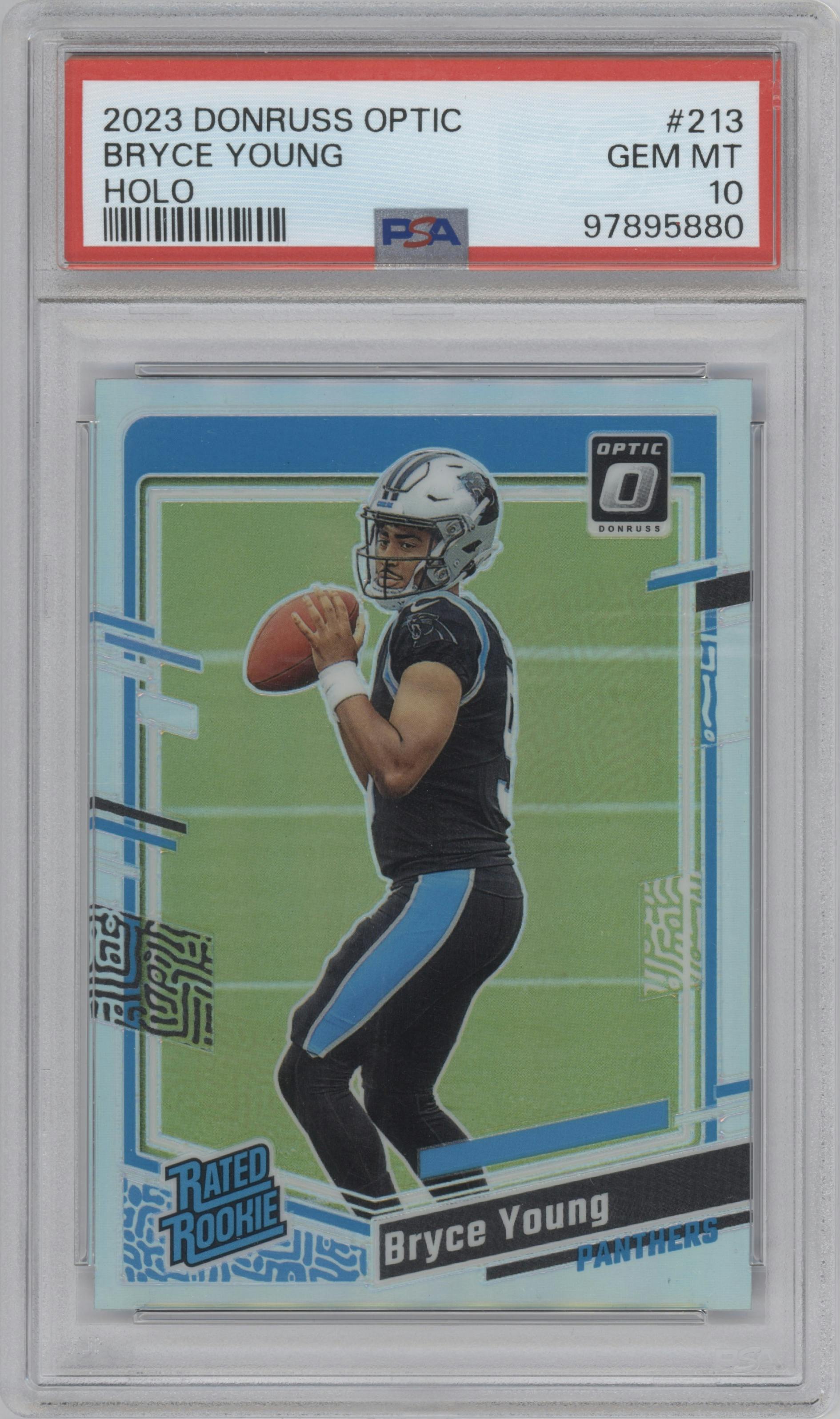 Bryce Young from the 2023 Donruss Optic set featuring a Holo parallel graded by PSA and given an overall grade of 10.
