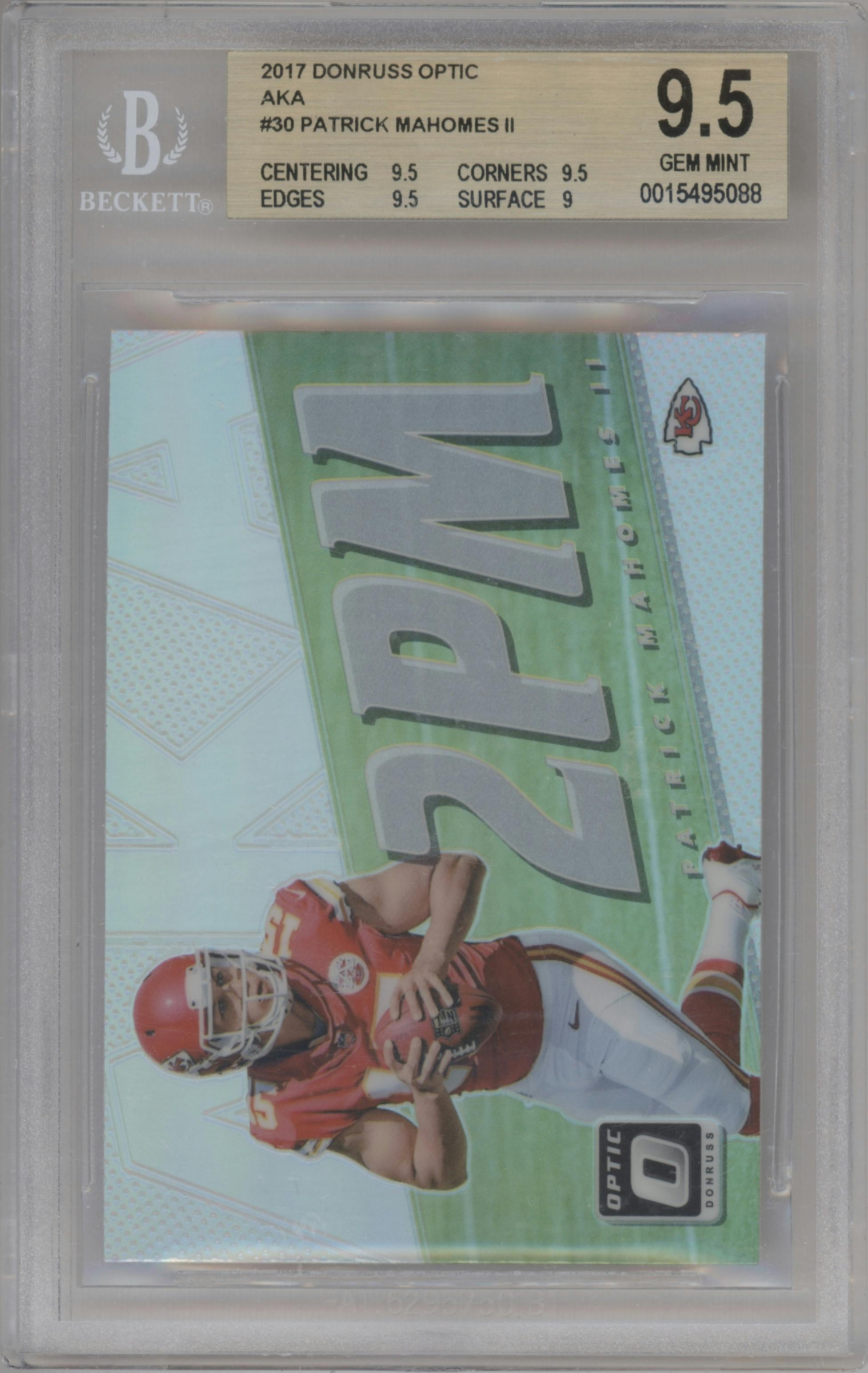 Patrick Mahomes II from the 2017 Panini Donruss Optic set graded by Beckett and given an overall grade of 9.5.