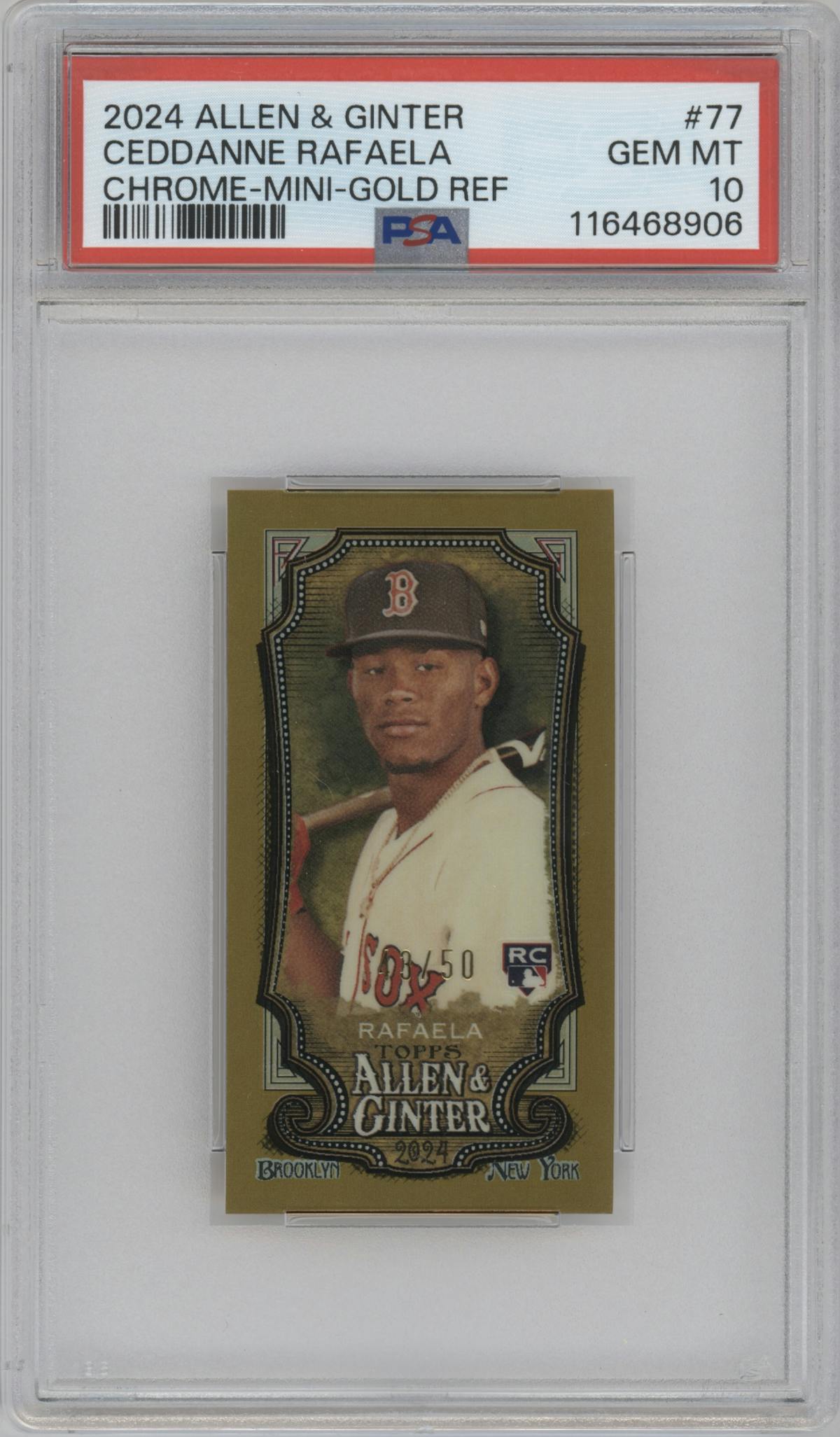 Ceddanne Rafaela from the 2024 Topps Allen & Ginter set featuring a Gold Refractor parallel graded by PSA and given an overall grade of 10.