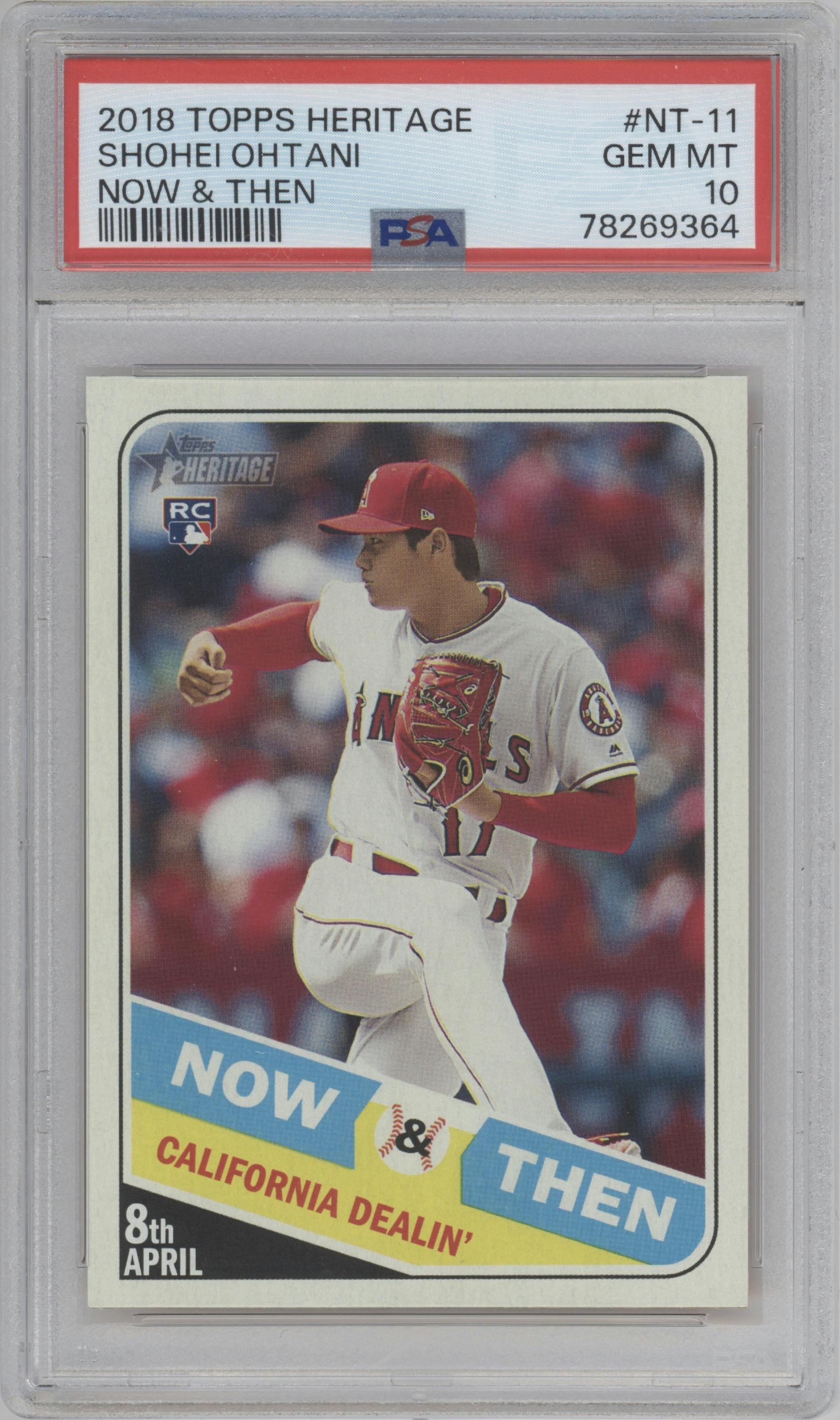 Shohei Ohtani from the 2018 Topps Heritage High Number set graded by PSA and given an overall grade of 10.