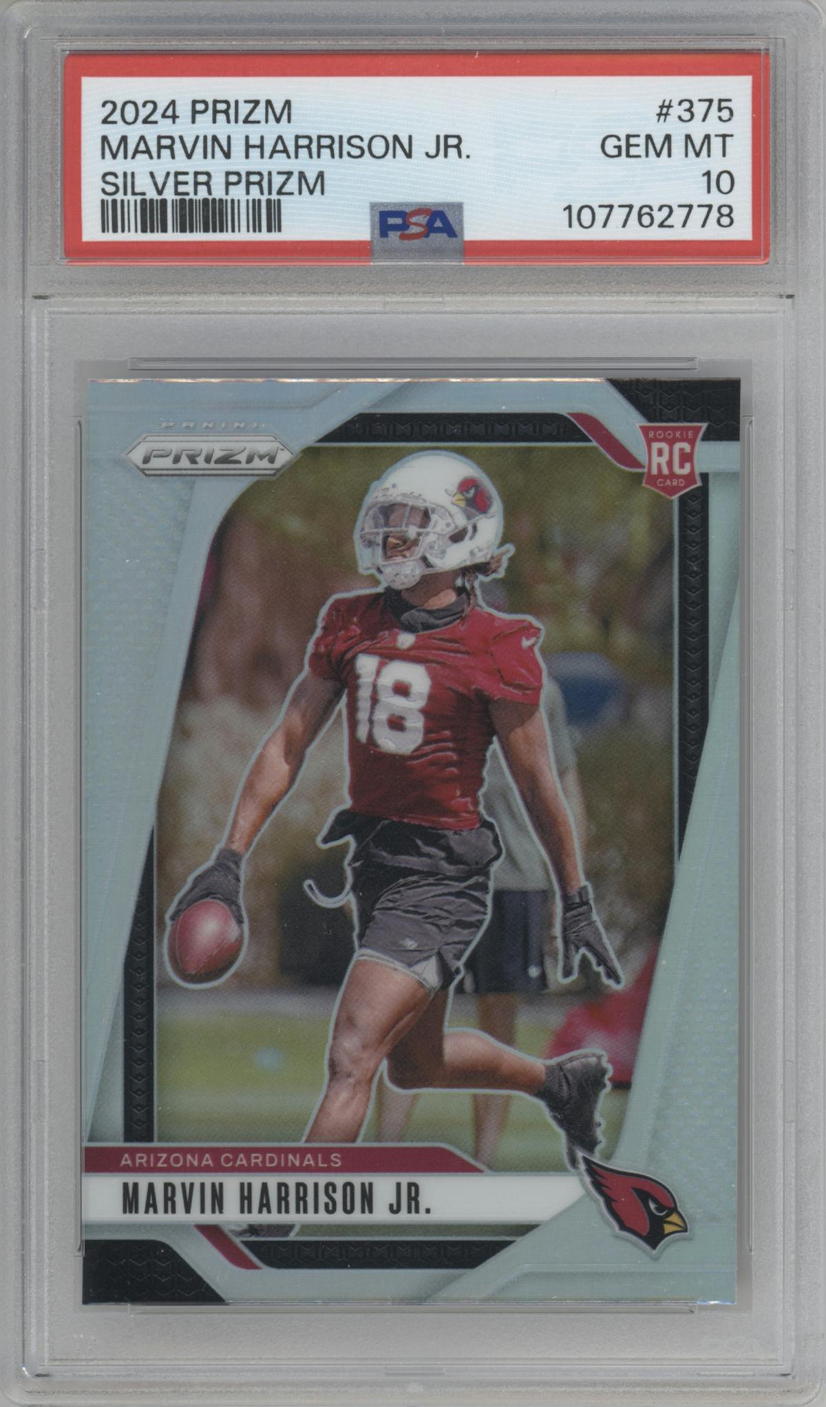 Marvin Harrison Jr. from the 2024 Panini Prizm set featuring a Silver Prizm parallel graded by PSA and given an overall grade of 10.
