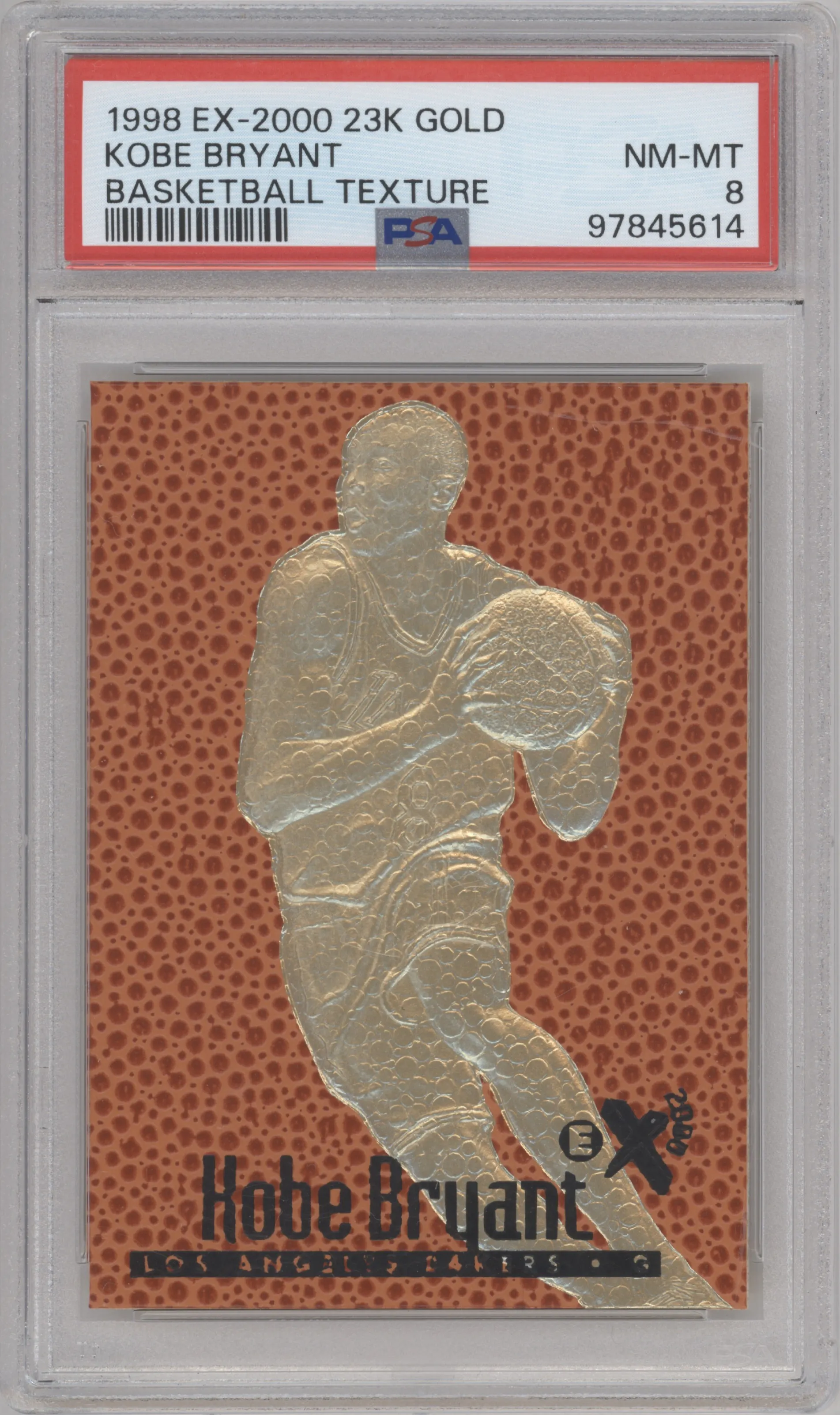 Kobe Bryant from the 1999-00 Fleer 23KT Gold set featuring a Basketball Texture parallel graded by PSA and given an overall grade of 8.