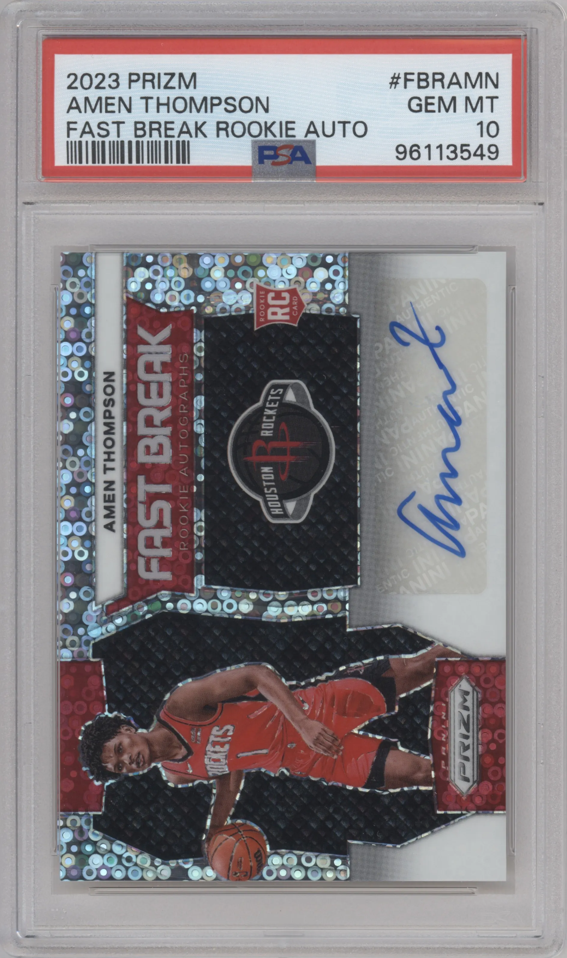 Amen Thompson from the 2023-24 Panini Prizm set graded by PSA and given an overall grade of 10.