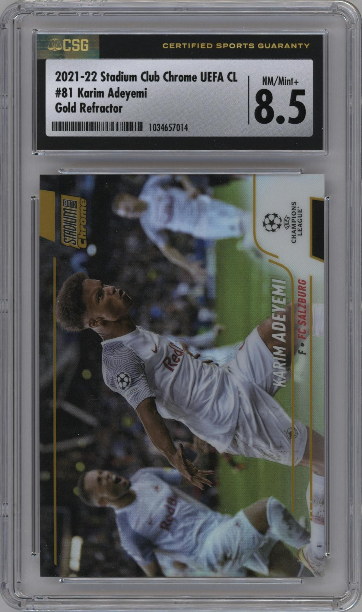 Karim Adeyemi from the 2021-22 Topps Stadium Club Chrome UEFA Champions League set featuring a Gold Refractor parallel graded by CSG and given an overall grade of 8.5.
