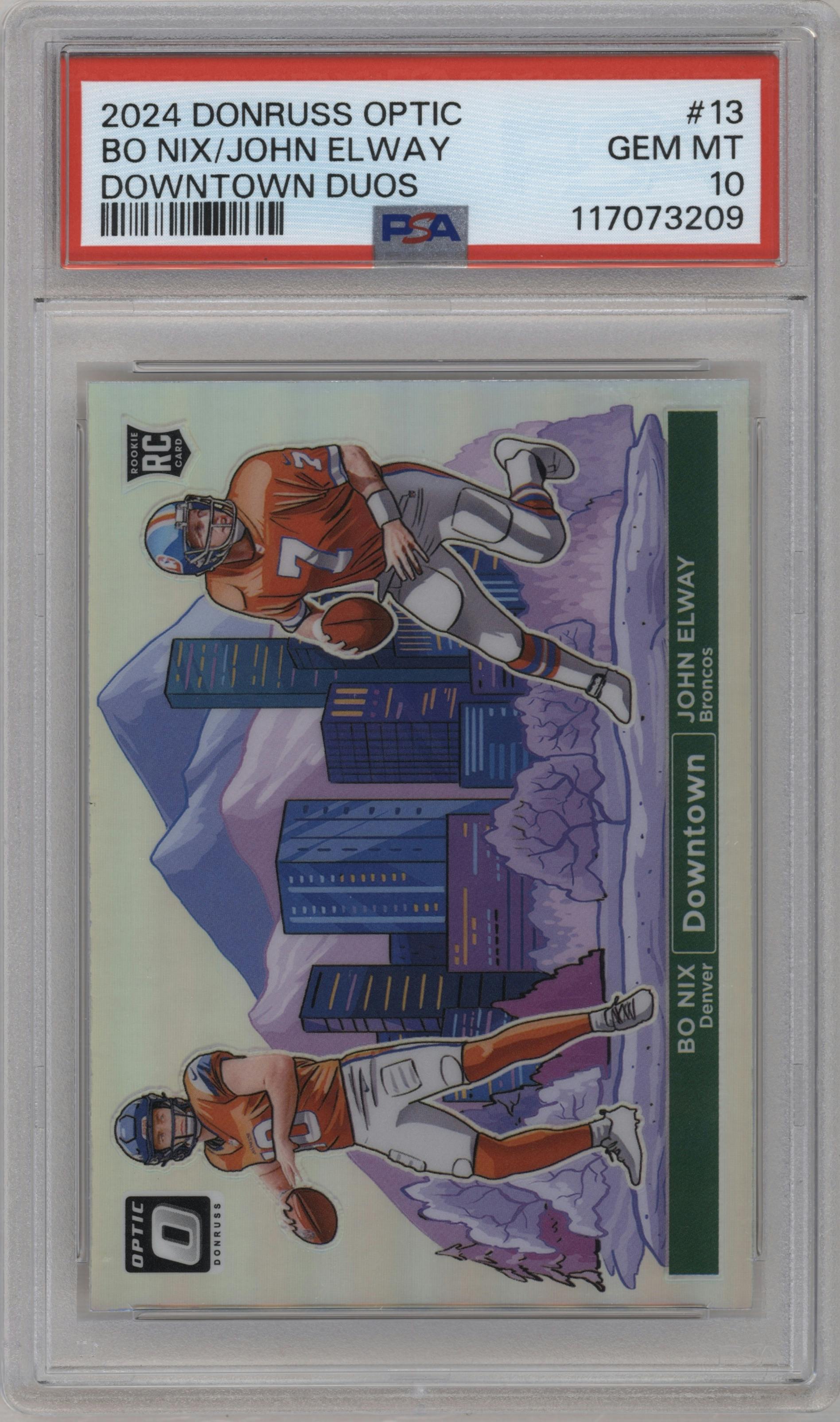 Bo Nix/John Elway from the 2024 Donruss Optic set graded by PSA and given an overall grade of 10.