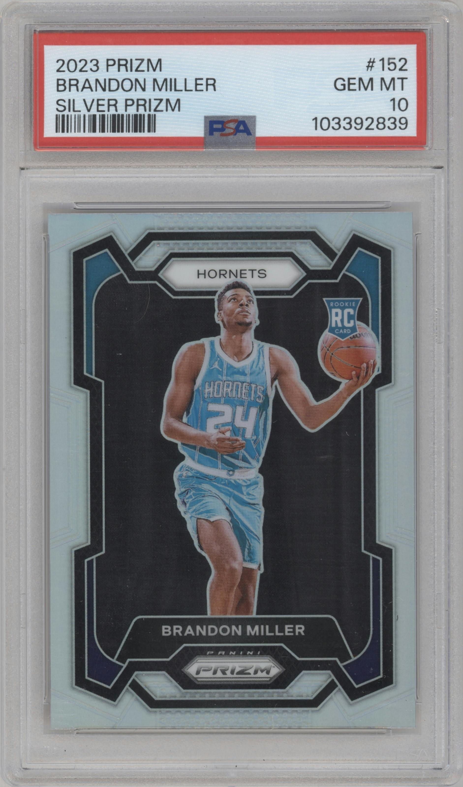 Brandon Miller from the 2023-24 Panini Prizm set featuring a Silver Prizm  parallel graded by PSA and given an overall grade of 10.