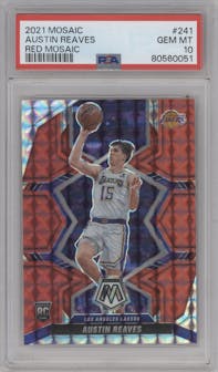 Austin Reaves from the 2021-22 Panini Mosaic  set featuring a Red Mosaic parallel graded by PSA and given an overall grade of 10.
