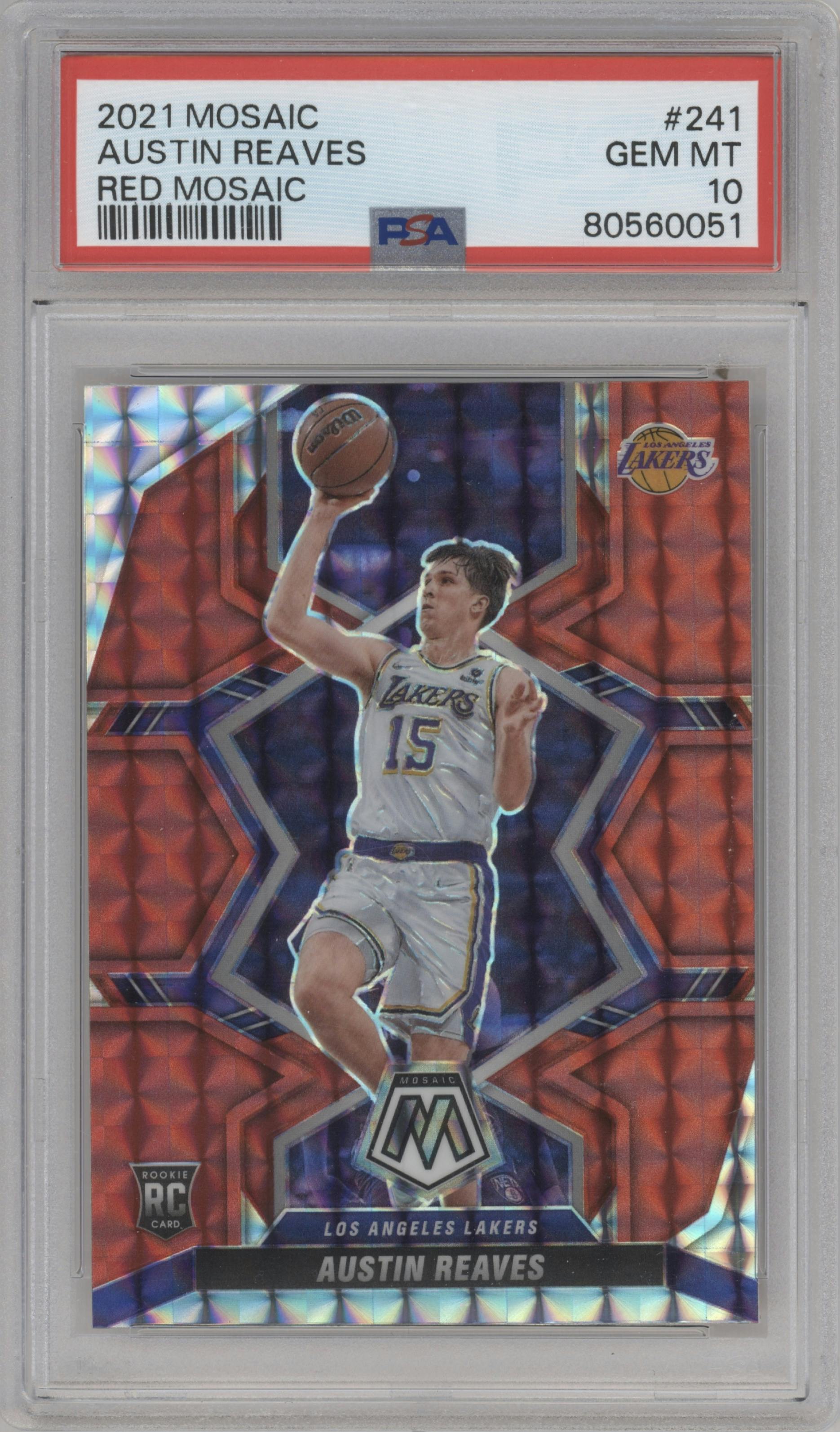Austin Reaves from the 2021-22 Panini Mosaic  set featuring a Red Mosaic parallel graded by PSA and given an overall grade of 10.