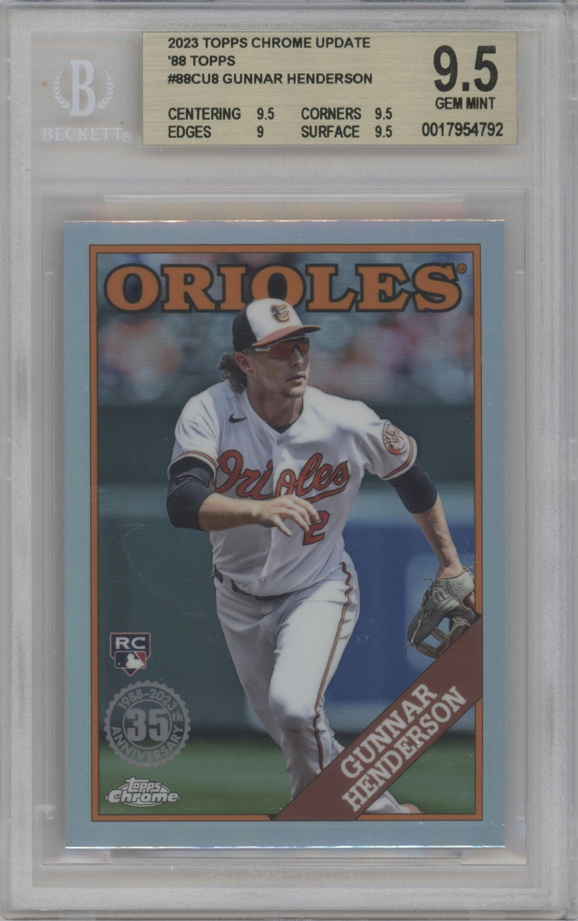 Gunnar Henderson from the 2023 Topps Chrome Update set graded by Beckett and given an overall grade of 9.5.