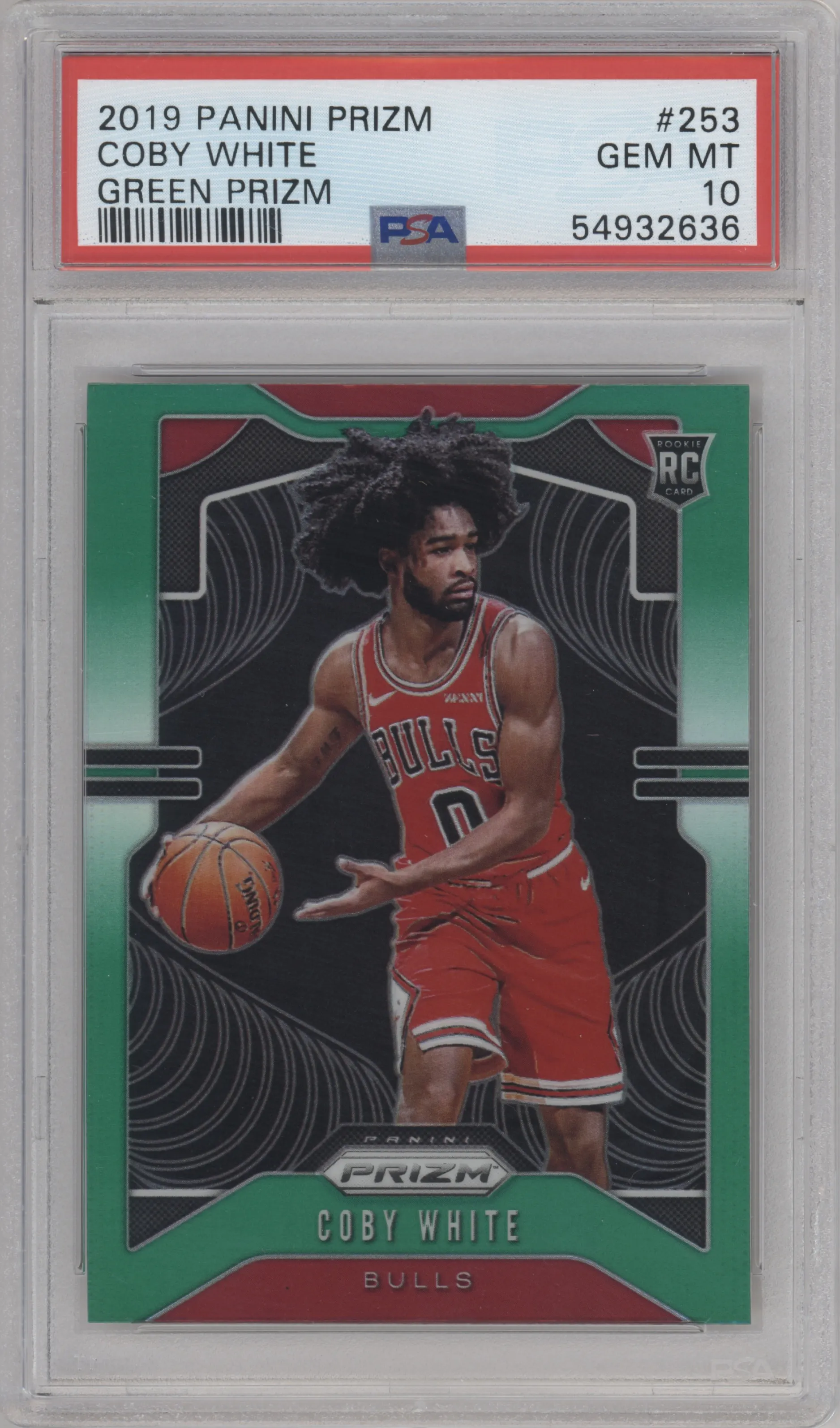 Coby White from the 2019-20 Panini Prizm set featuring a Green Prizm parallel graded by PSA and given an overall grade of 10.
