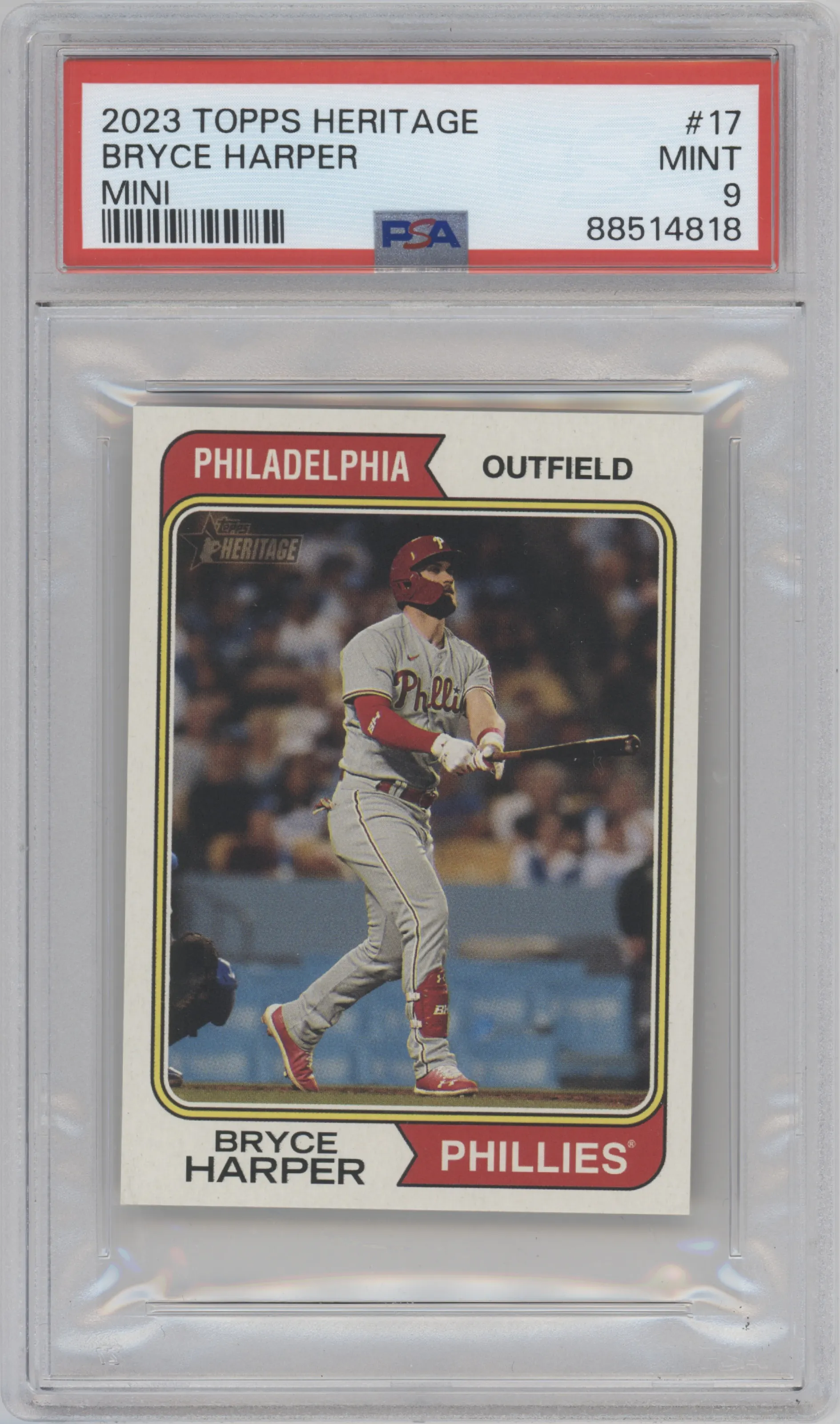 Bryce Harper from the 2023 Topps Heritage set graded by PSA and given an overall grade of 9.