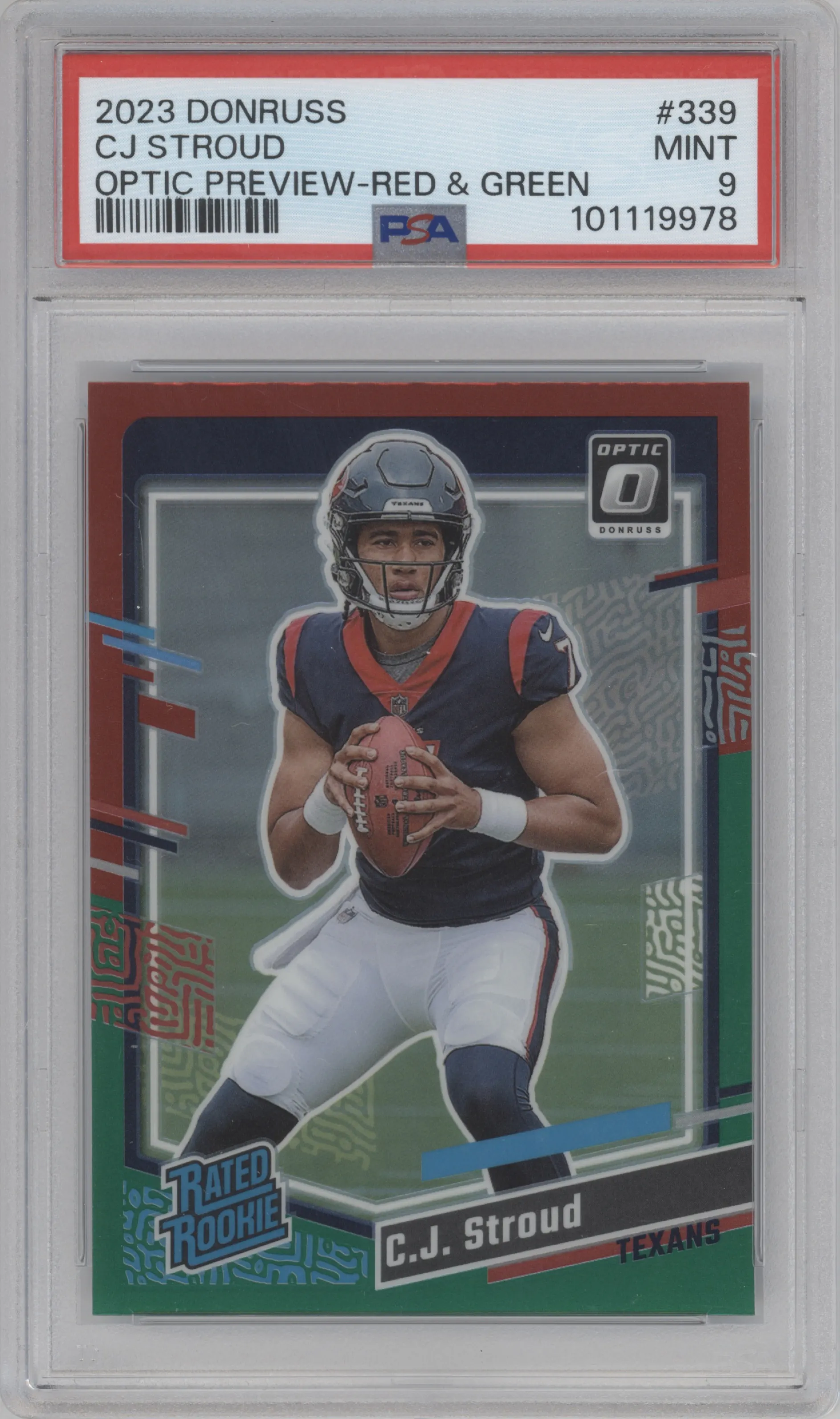 C.J. Stroud from the 2023 Panini Donruss set featuring a Red & Green parallel graded by PSA and given an overall grade of 9.