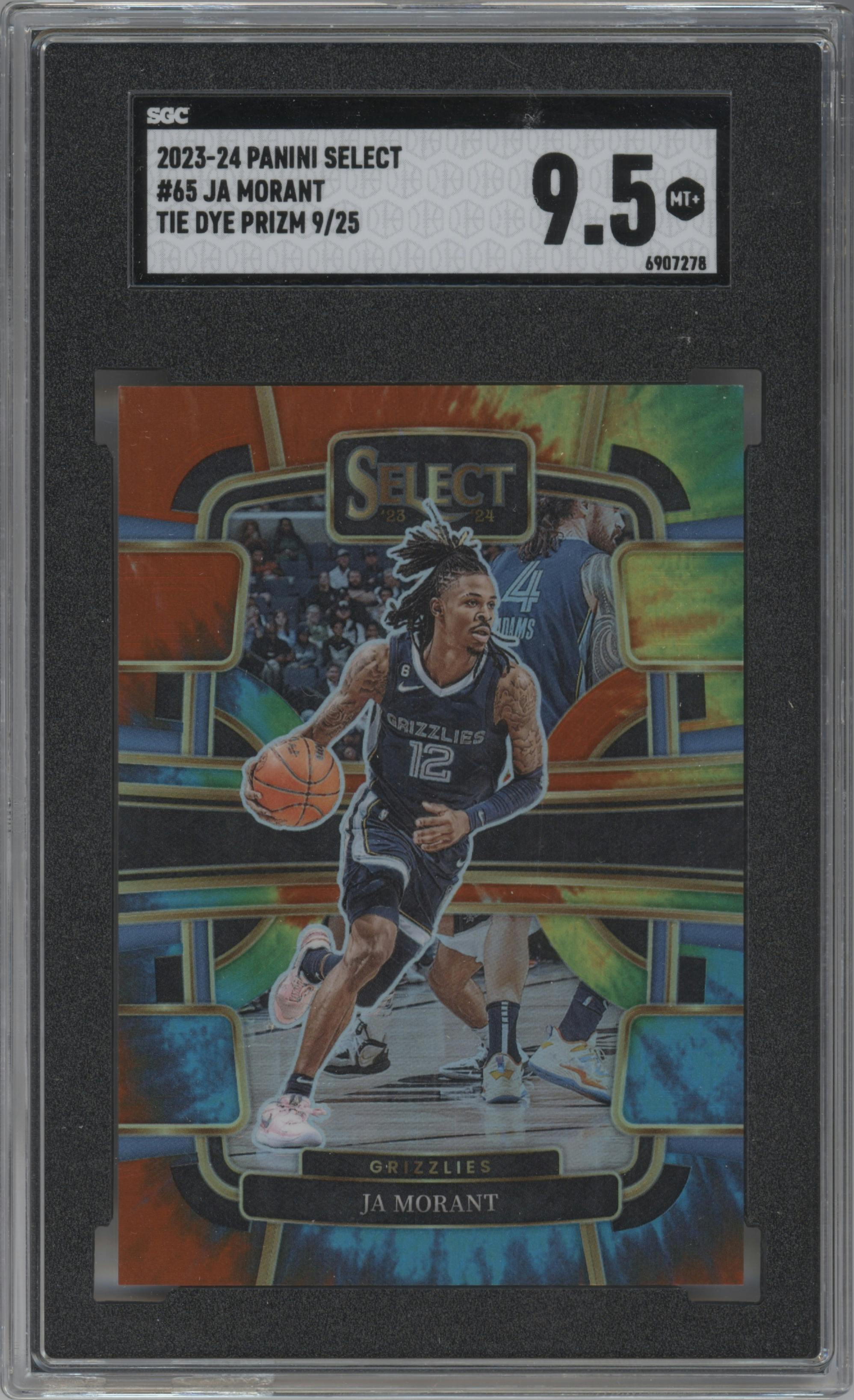 Ja Morant from the 2023-24 Panini Select  set featuring a Tie-Dye Prizm parallel graded by SGC and given an overall grade of 9.5.