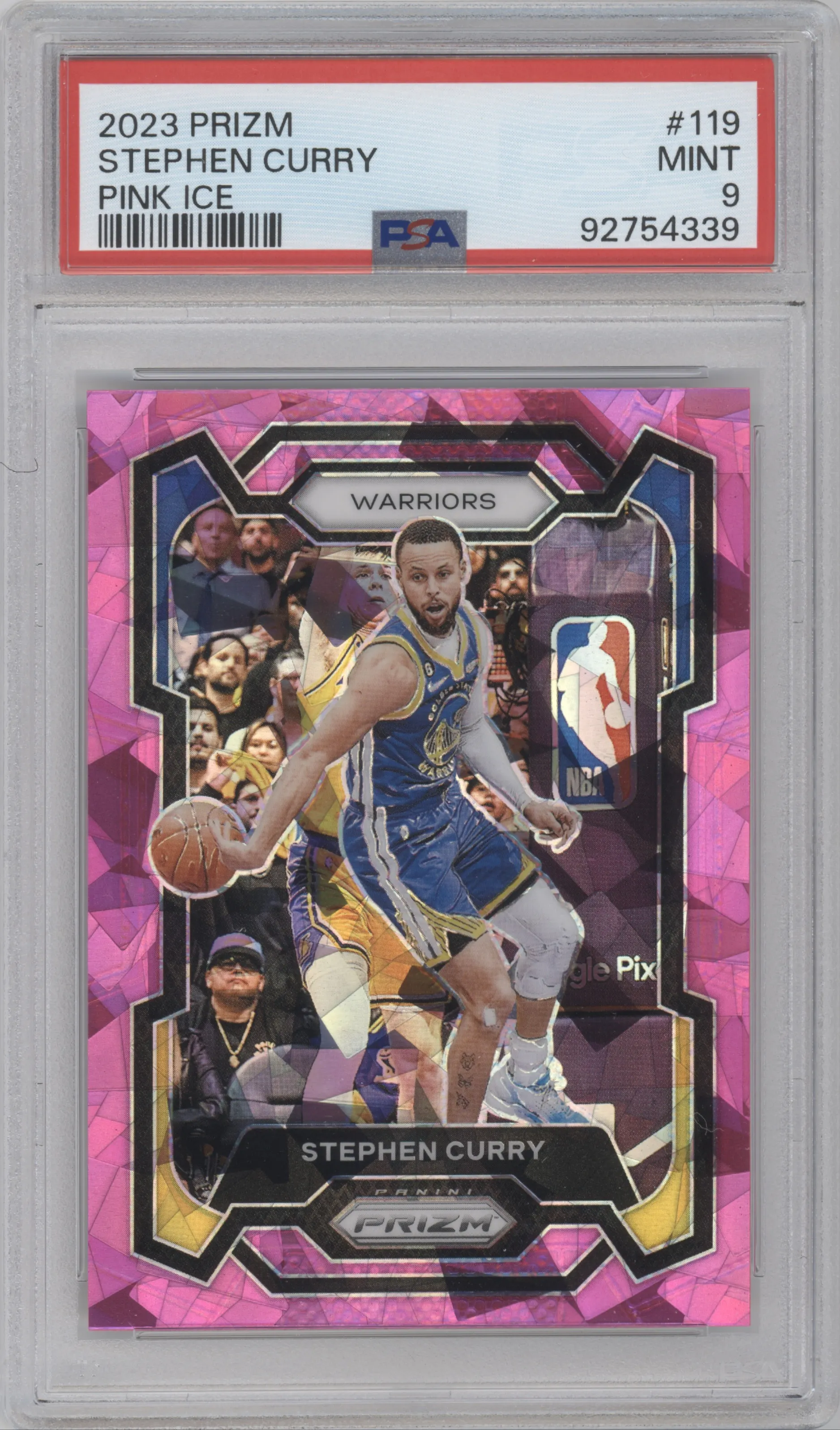 Stephen Curry from the 2023-24 Panini Prizm set featuring a Pink Ice parallel graded by PSA and given an overall grade of 9.