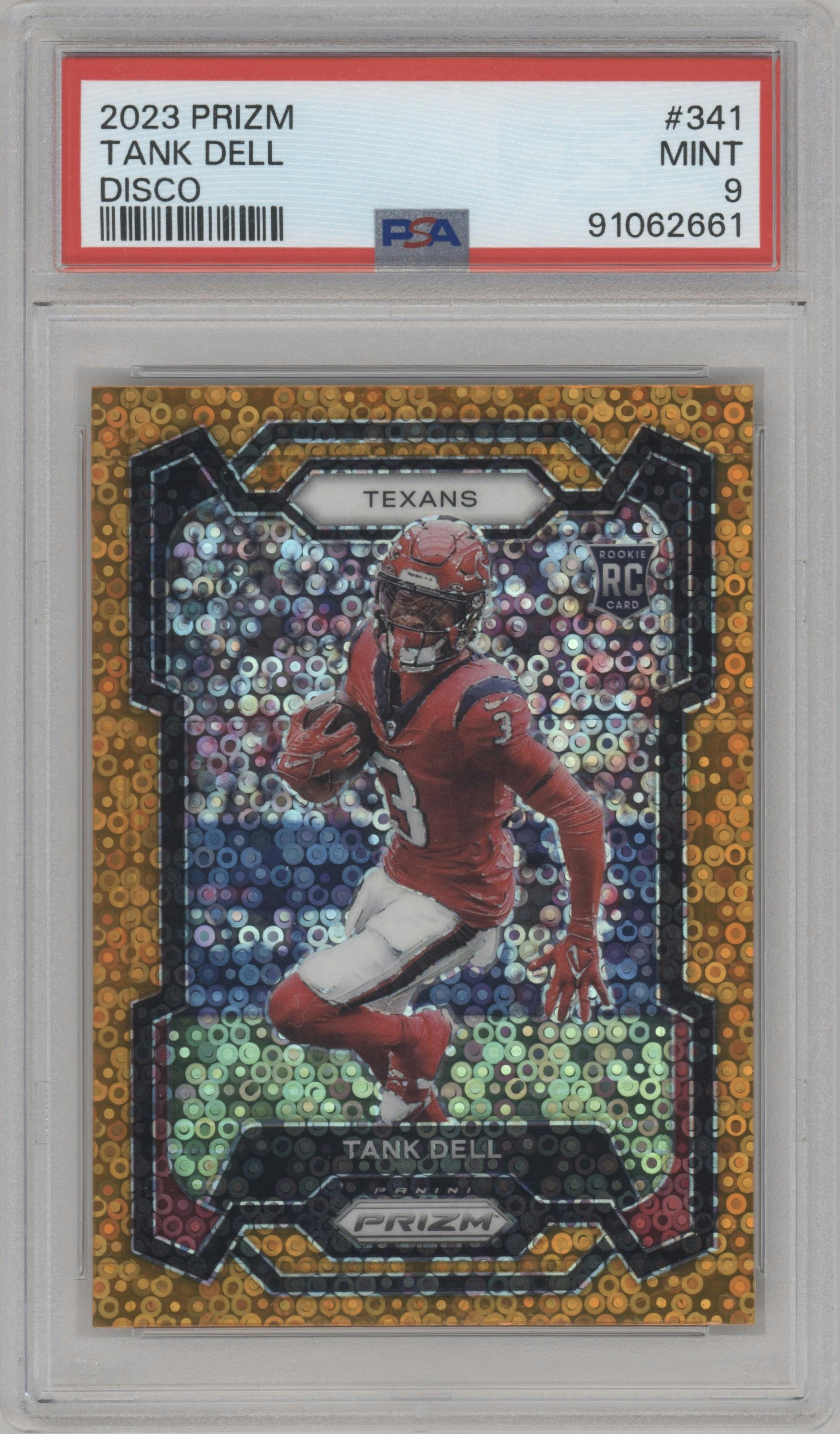 Tank Dell from the 2023 Panini Prizm set featuring a Disco parallel graded by PSA and given an overall grade of 9.