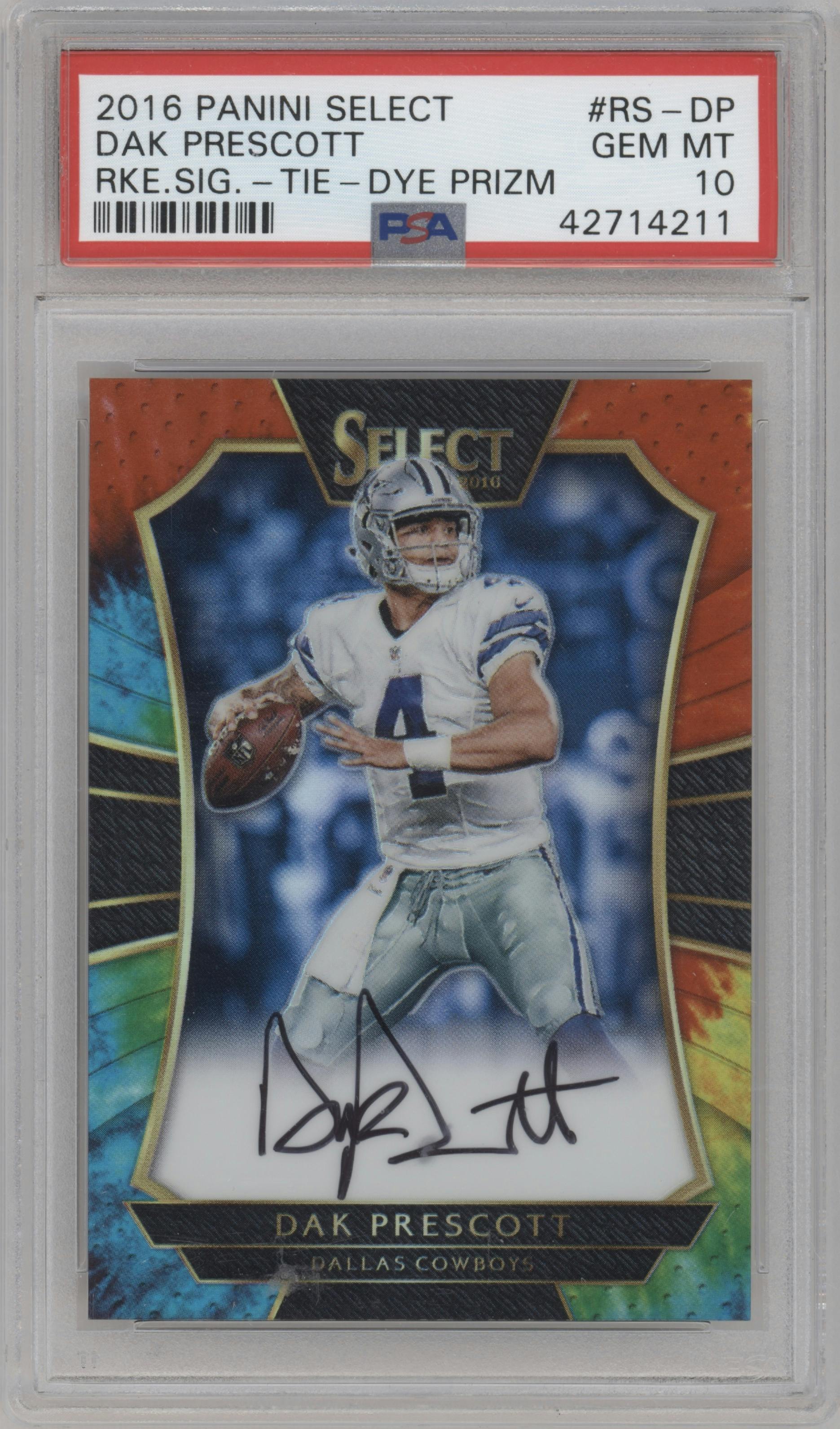 Dak Prescott from the 2016 Panini Select set featuring a Tie-Dye Prizm parallel graded by PSA and given an overall grade of 10.